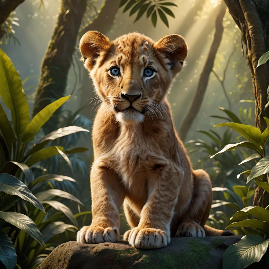 a young lion cub sitting on a rock in a jungle setting with sunlight streaming through the trees and foliage, photorealism, a poster, Edward George Handel Lucas, promotional image