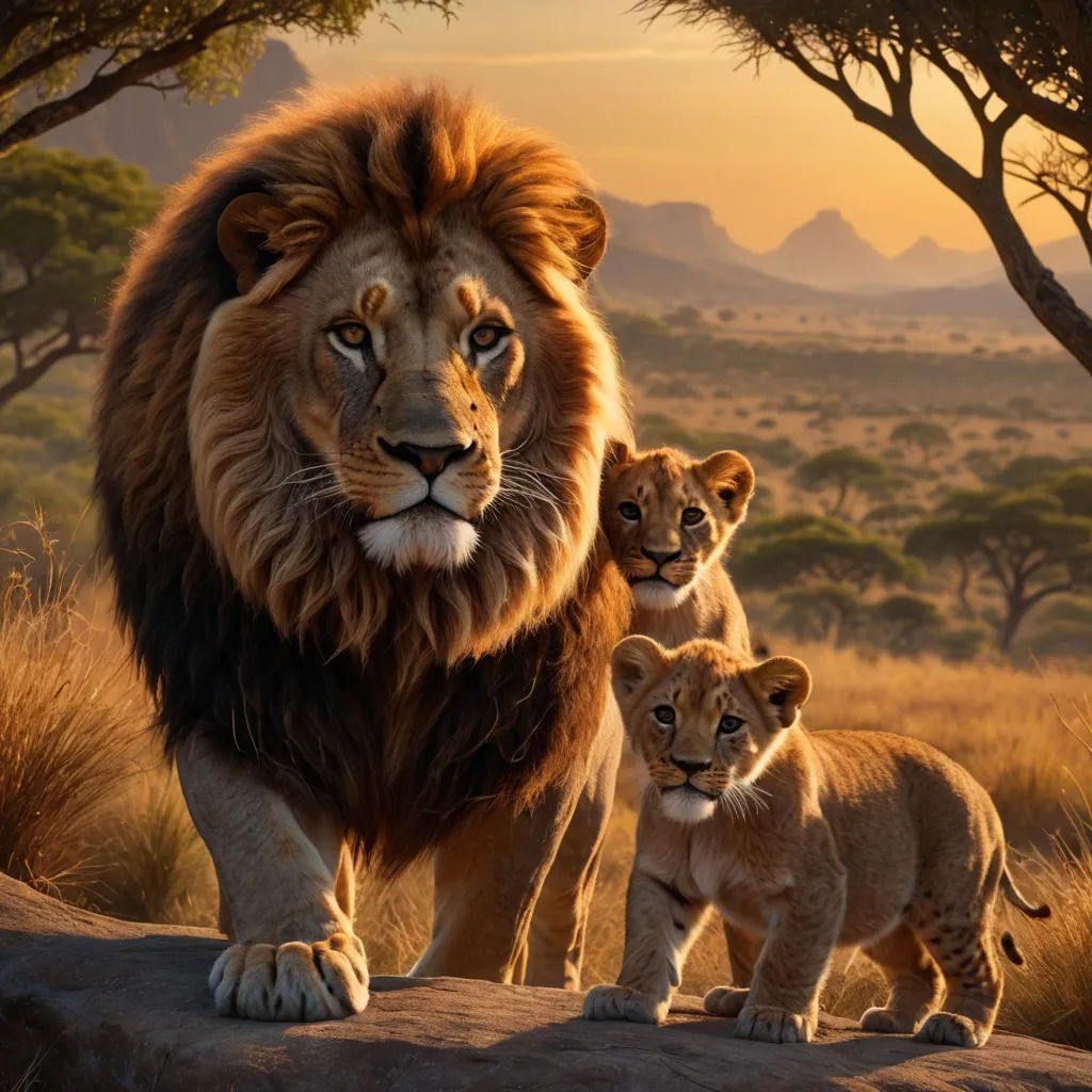 a lion and two cubs walking in the wild together in the sunset light, with a mountain in the background, furry art, an oil painting, disney, official art