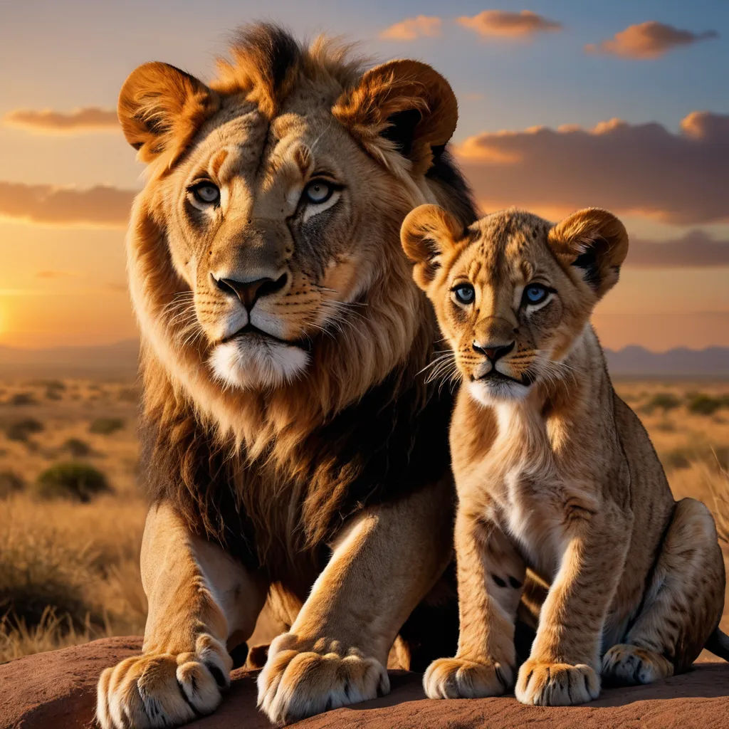 a lion and a cub sitting on a rock in the desert at sunset with a backdrop of clouds and a setting sun, dau-al-set, a poster, Brothers Hildebrandt, wildlife photography