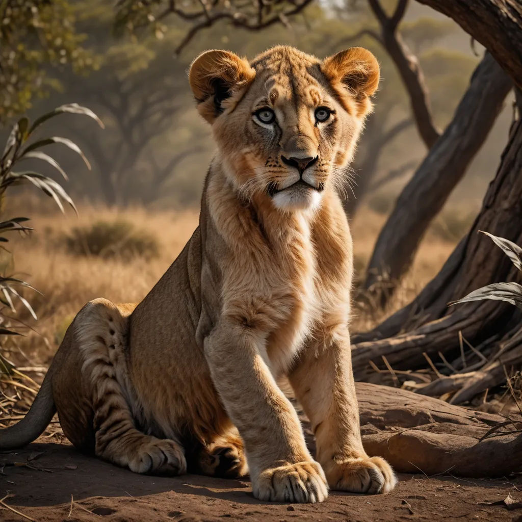 a young lion sitting on a dirt ground next to a tree and bushes in the background, with a single adult lion in the foreground, photorealism, a photorealistic painting, Arie Smit, wildlife photography