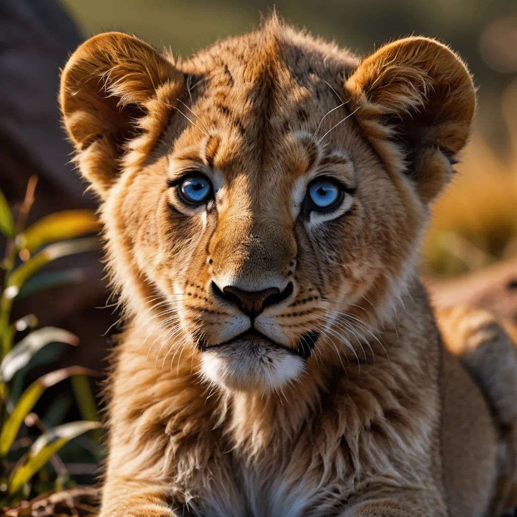 a young lion cub with blue eyes laying down in the grass and looking at the camera with a curious look on his face, naturalism, a colorized photo, Daniel Lieske, animal photography
