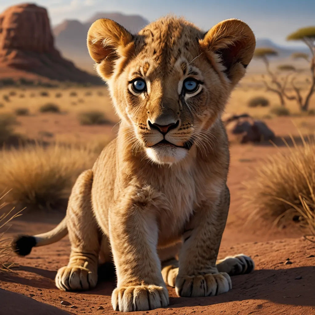 a young lion cub sitting in the desert looking at the camera with a blue eye and a desert landscape in the background, photorealism, a poster, Edward George Handel Lucas, photoreal