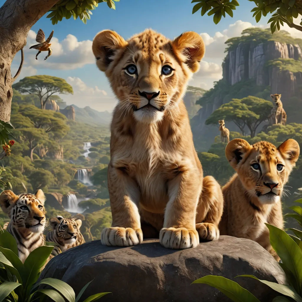 a group of lions sitting on top of a rock in a jungle with a waterfall in the background and a bird flying overhead, furry art, a poster, Chris LaBrooy, promotional image