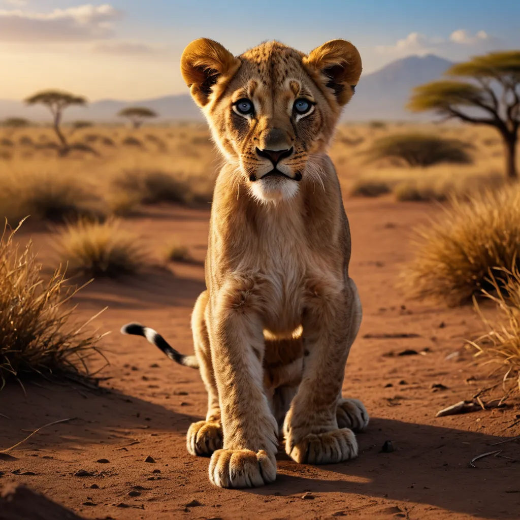 a young lion cub sitting on a dirt road in the desert with a mountain in the background at sunset, photorealism, a photorealistic painting, Daniel Lieske, wildlife photography