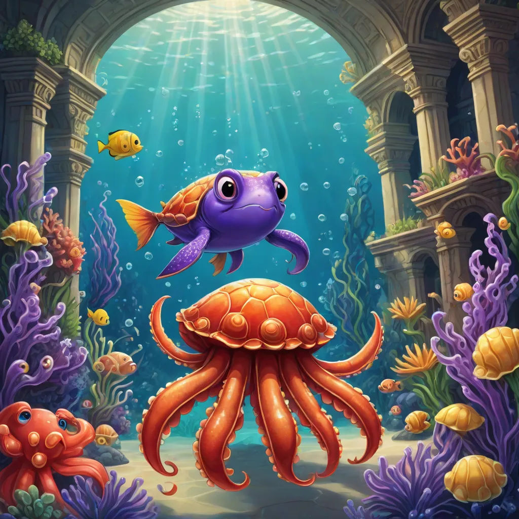 a cartoon fish and an octopus swimming in a sea with corals and other marine life around it illustration, fantasy art, concept art, Craola, league of legends splash art