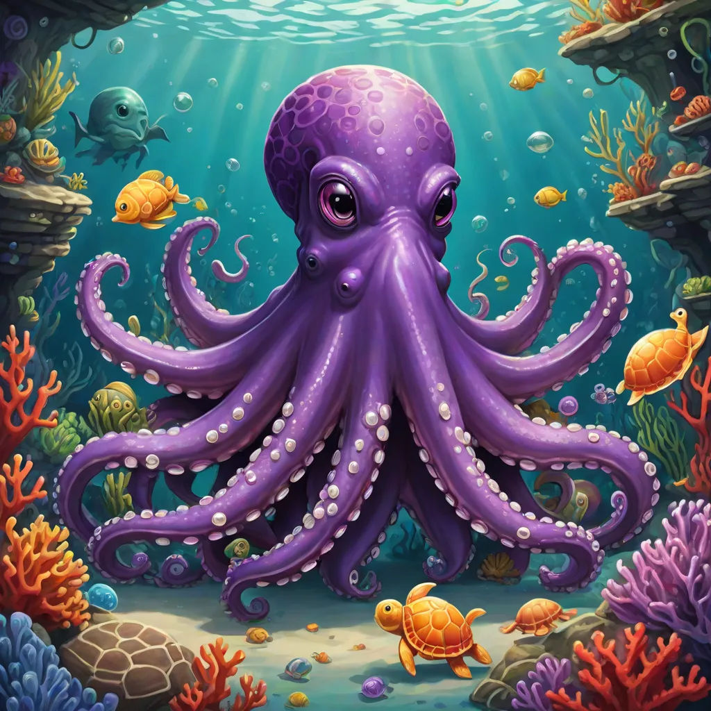 an octopus is swimming in the ocean with other sea creatures around it and under the water is a fish, pop surrealism, a detailed painting, Dan Mumford, octopus