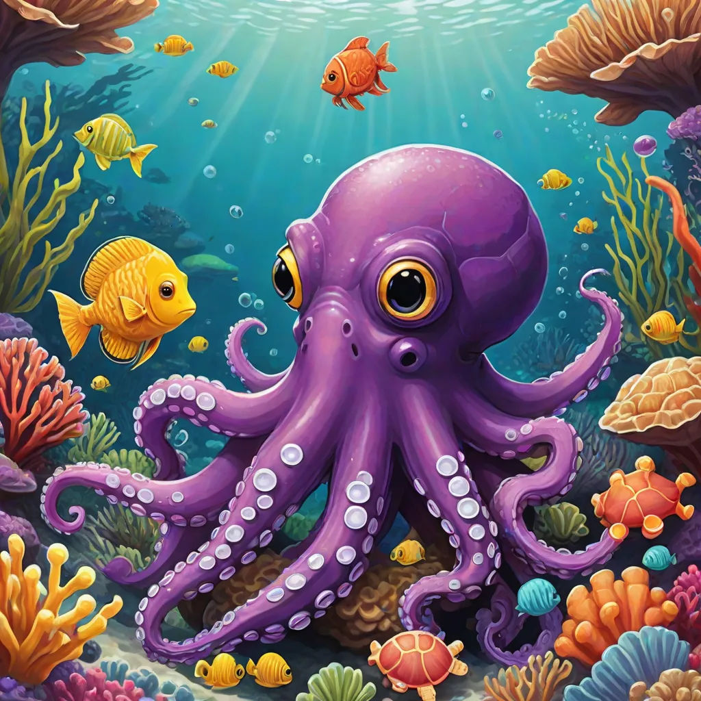 an octopus and fish swimming in the ocean with corals and other marine life around it, with sunlight shining through the water, pop surrealism, an airbrush painting, Chris LaBrooy, octopus