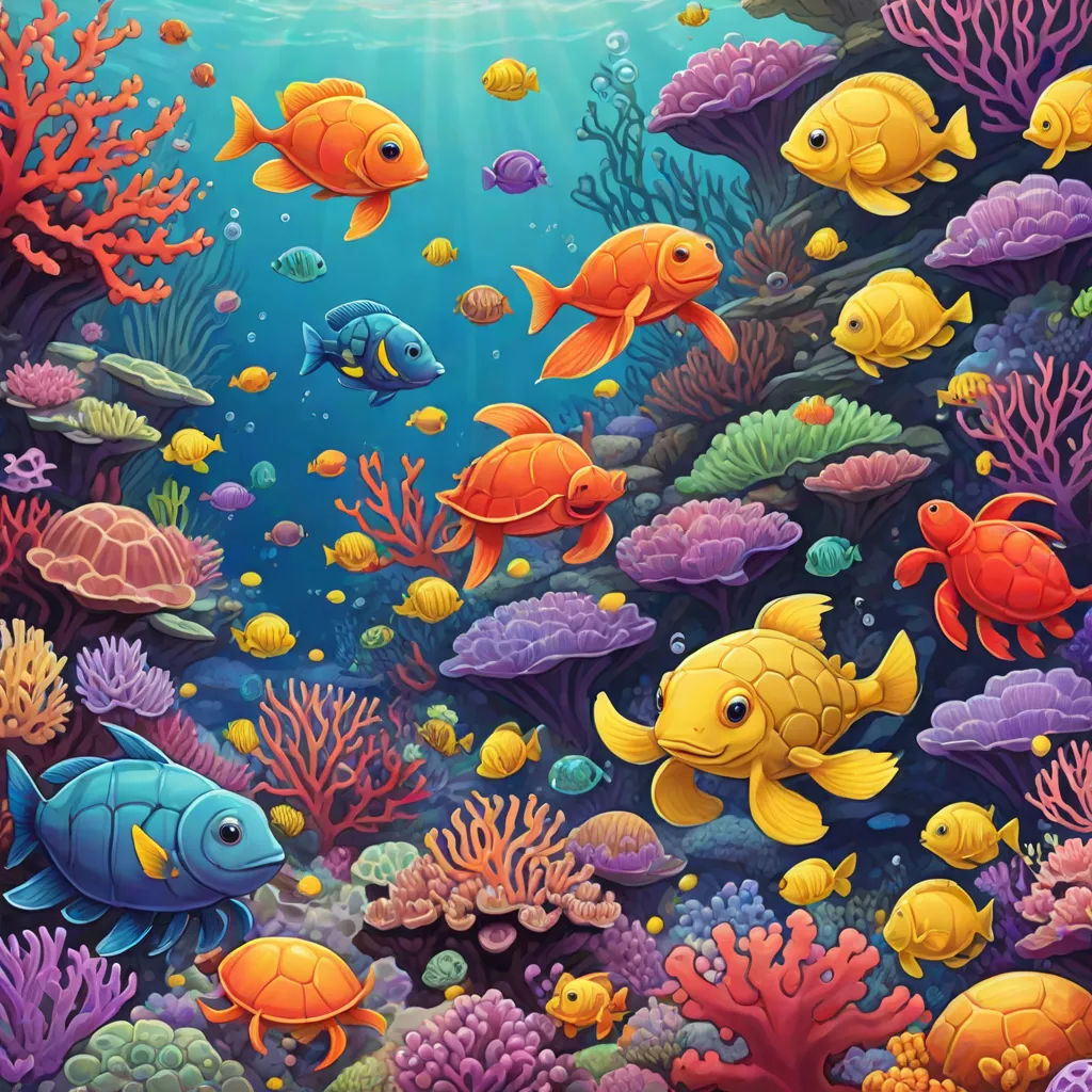 a painting of a sea with many different colored fish and corals on it's surface, and a sunbeam in the background, psychedelic art, a detailed painting, Chris LaBrooy, highly detailed digital painting