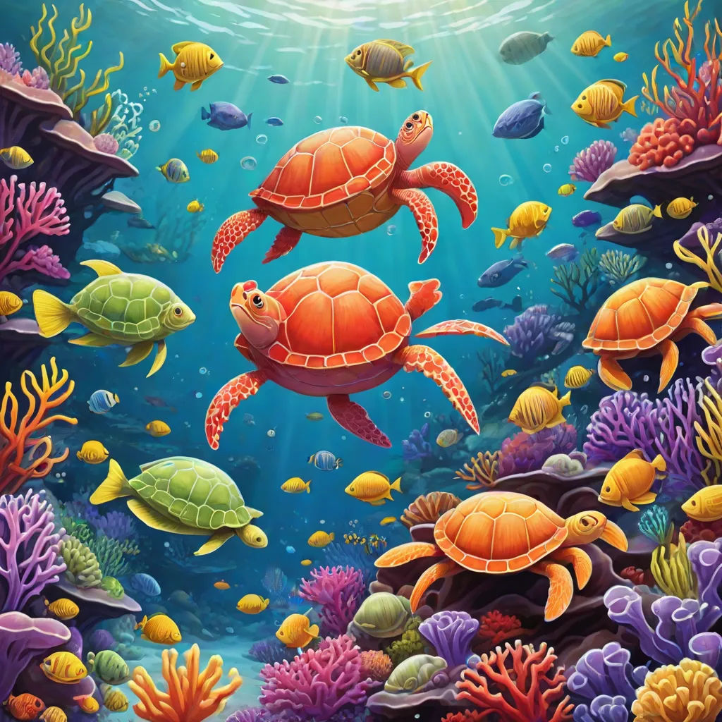 a painting of a sea turtle and other sea animals swimming in the ocean with corals and fish around, psychedelic art, an airbrush painting, Chris LaBrooy, highly detailed digital painting
