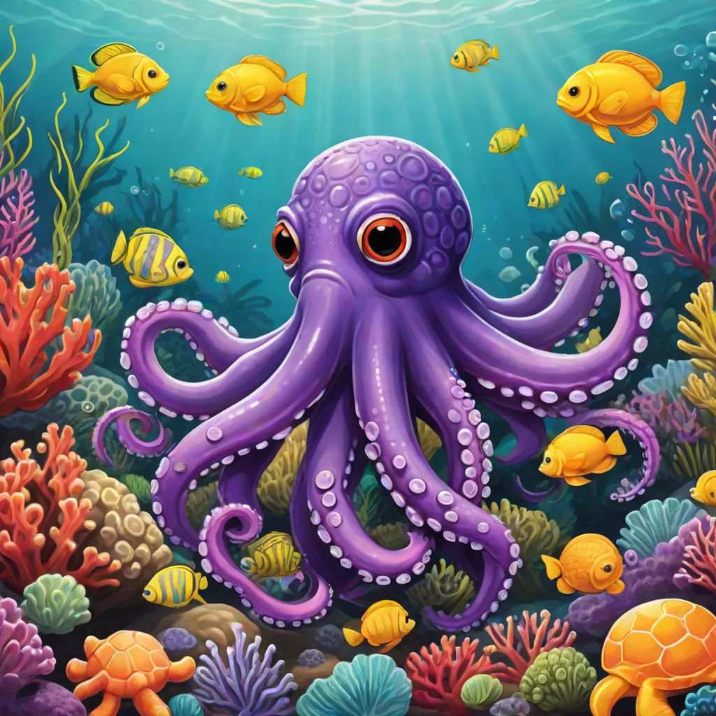 an octopus and fish swimming in the ocean with corals and other marine life around it illustration by john wyee, pop surrealism, a detailed painting, Dan Mumford, octopus