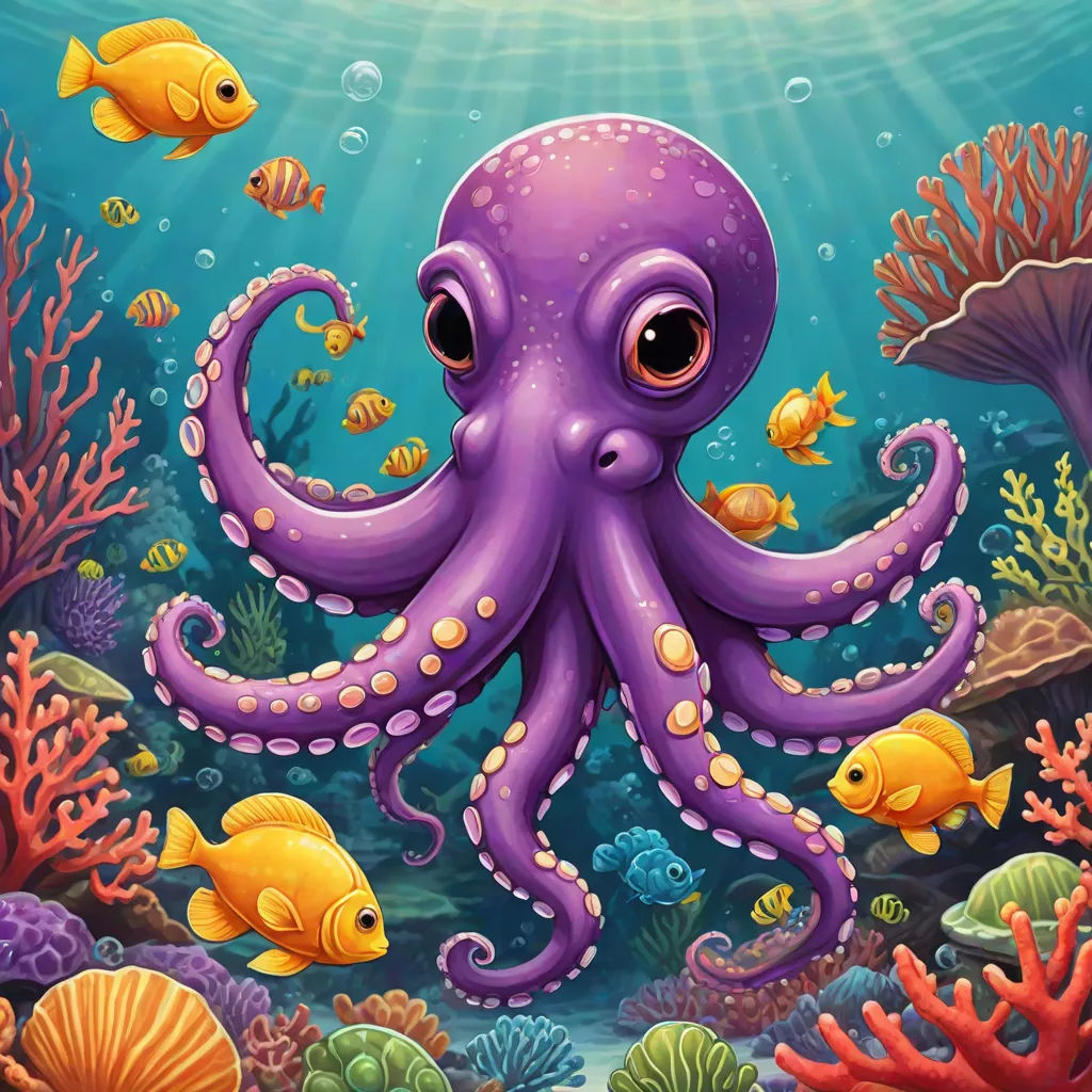 an octopus is swimming in the ocean with fish and corals around it, and a sun above it, pop surrealism, computer graphics, Ernst Haeckel, octopus