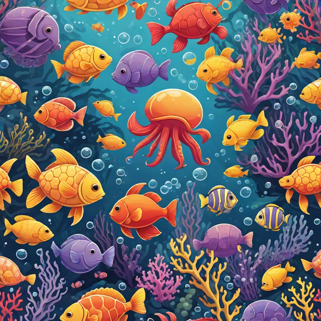 a colorful underwater scene with fish and corals on a blue background illustration by michael strickk for the children's book, psychedelic art, a detailed painting, Chris LaBrooy, highly detailed digital painting