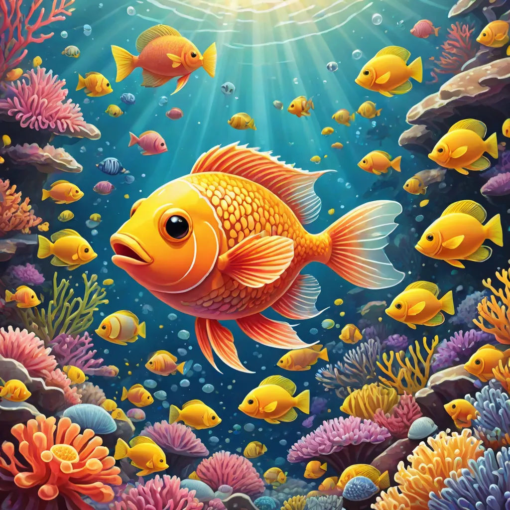 a painting of a fish and other fish swimming in the ocean with sun shining down on it's surface, psychedelic art, a pointillism painting, Chris LaBrooy, highly detailed digital painting