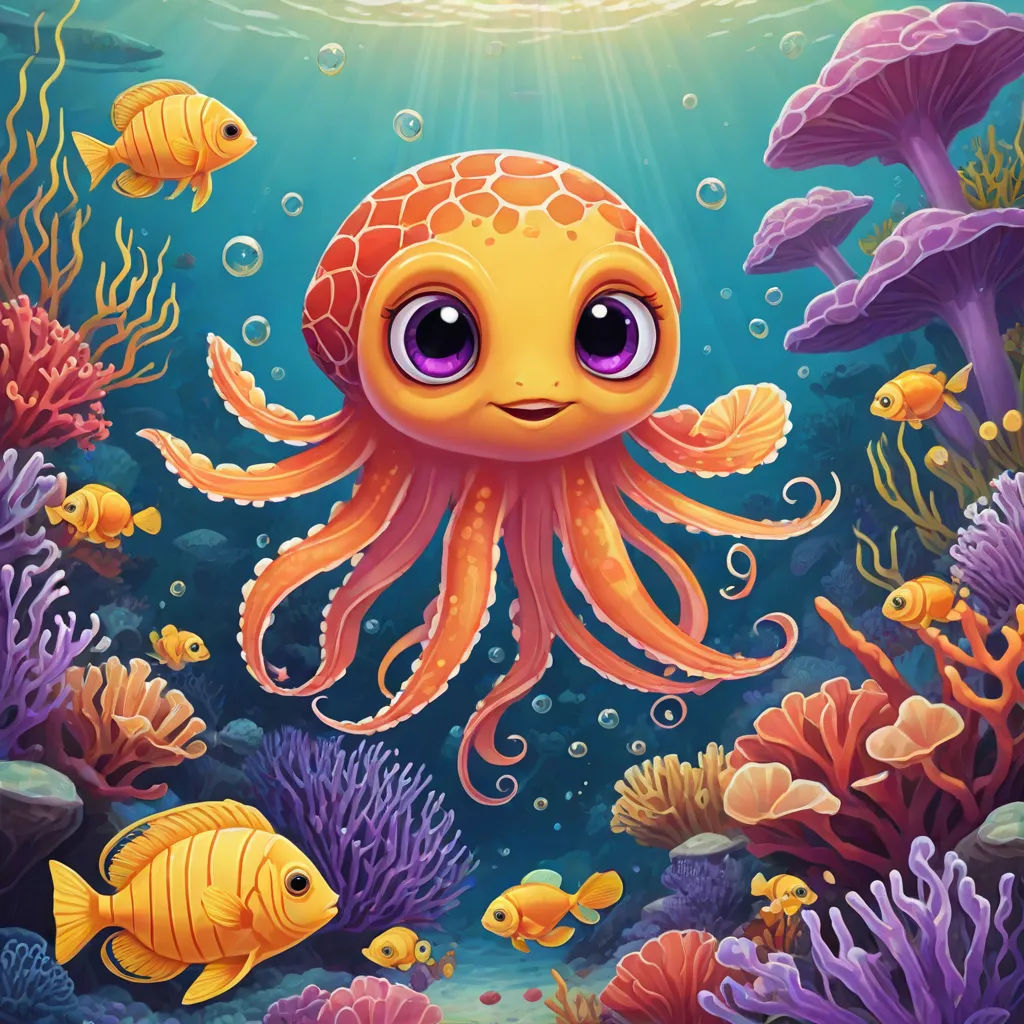 a cartoon octopus with big eyes swimming in the ocean with other fish and corals around it, with a sunbeam in the background, pop surrealism, a storybook illustration, Cliff Childs, behance hd