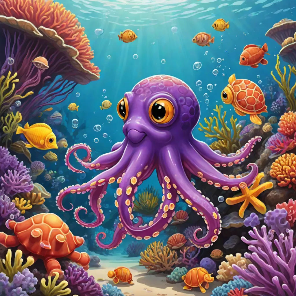 an octopus and other sea animals swimming in the ocean with corals and other fish around it, with sunlight shining through the water, pop surrealism, an airbrush painting, Dan Mumford, highly detailed digital painting