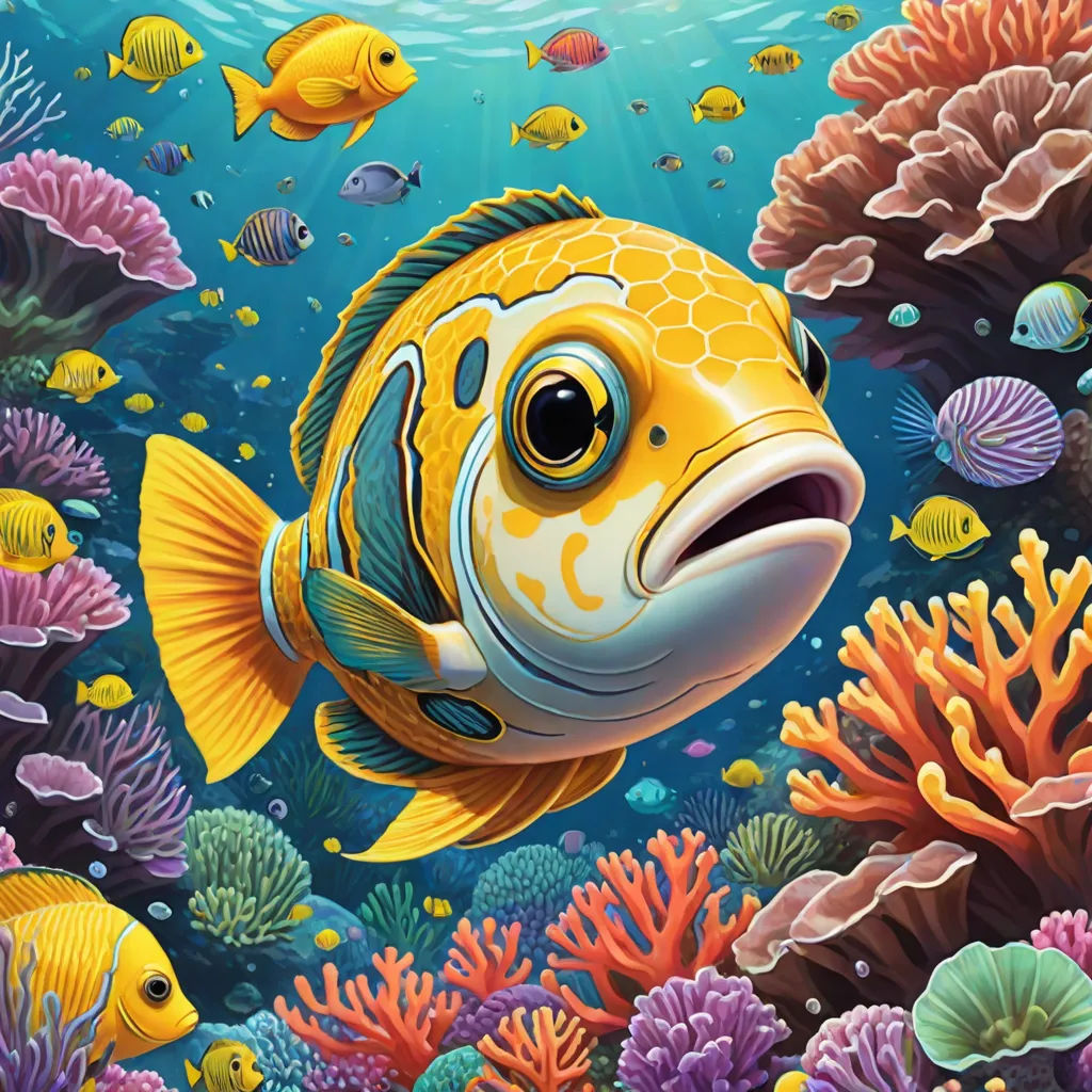 a painting of a fish in the ocean with corals and other fish around it, with a blue sky background, psychedelic art, an airbrush painting, Chris LaBrooy, highly detailed digital painting