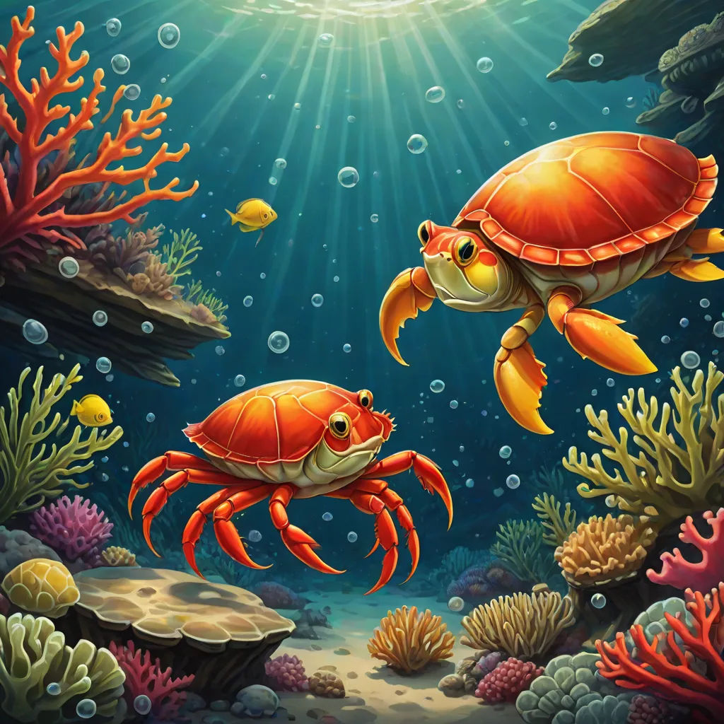 a painting of two sea animals swimming in the ocean with corals and sponges on the bottom of the water, fantasy art, an airbrush painting, Chris LaBrooy, highly detailed digital painting