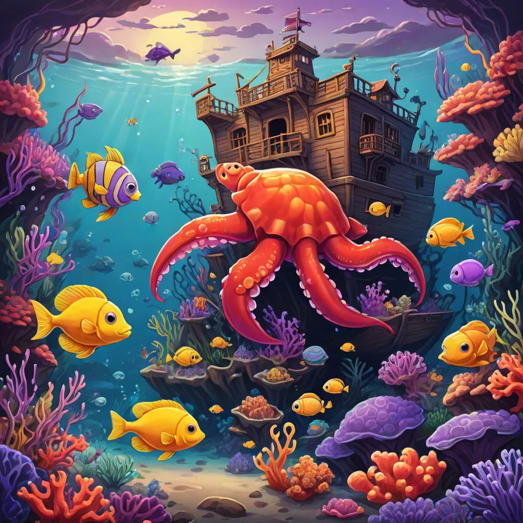 a painting of an octopus and a ship in the ocean with fish and corals around it, with a coral reef and underwater scene, fantasy art, a storybook illustration, Dan Mumford, highly detailed digital painting