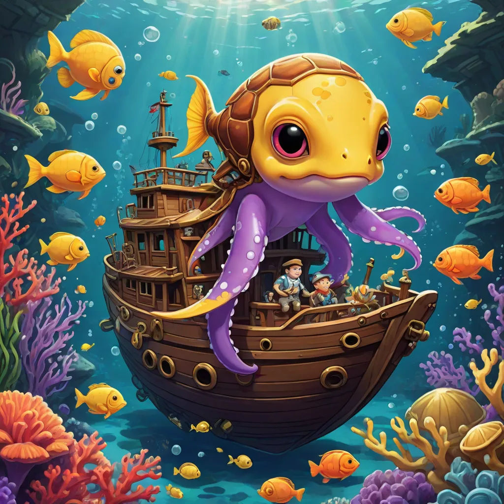 a cartoon fish with a pirate ship in the ocean with fish around it and a man on a boat, pop surrealism, a storybook illustration, Chris LaBrooy, highly detailed digital painting