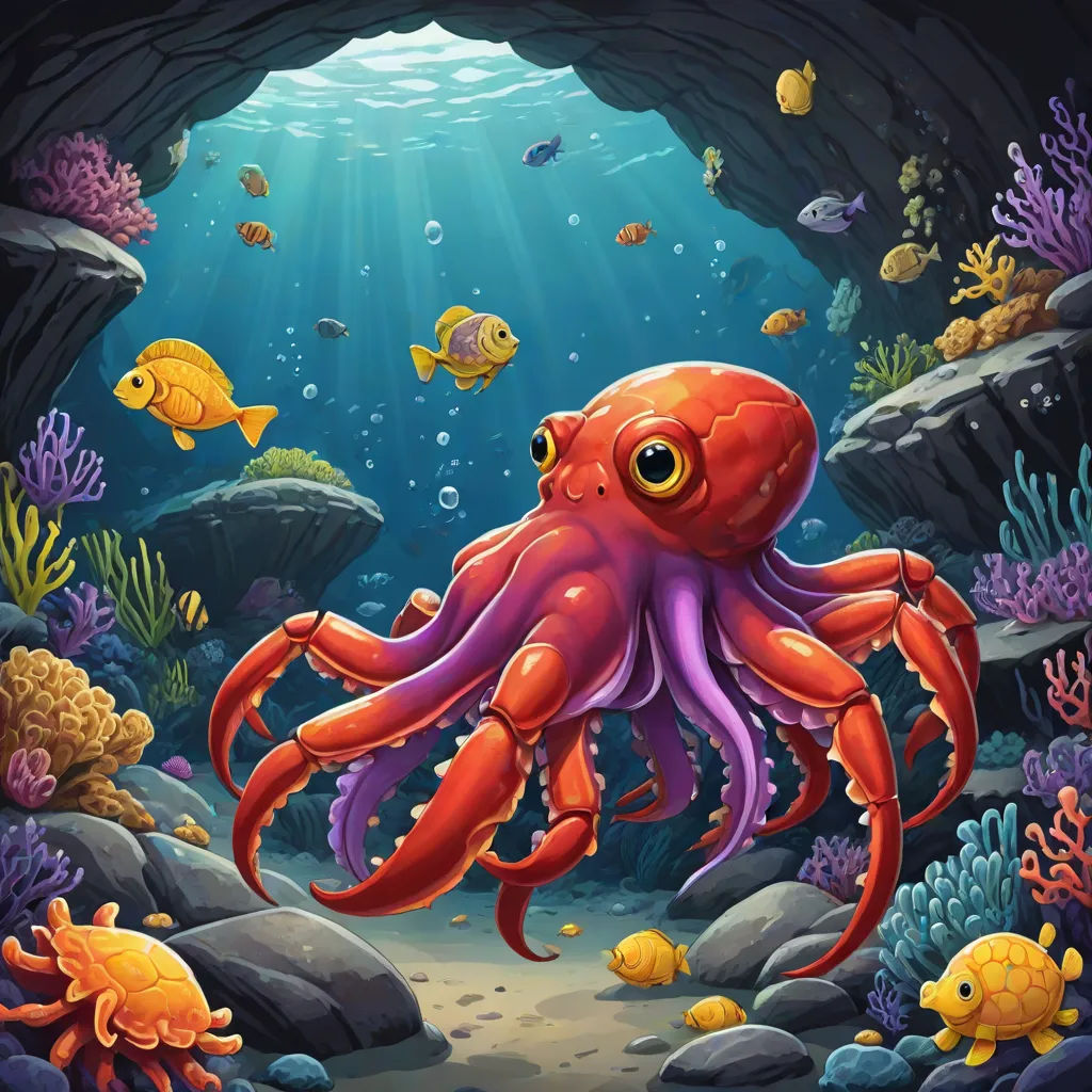 a cartoon octopus swimming in a cave with fish and corals illustration by alex krawcskik, pop surrealism, a digital painting, Cliff Childs, octopus