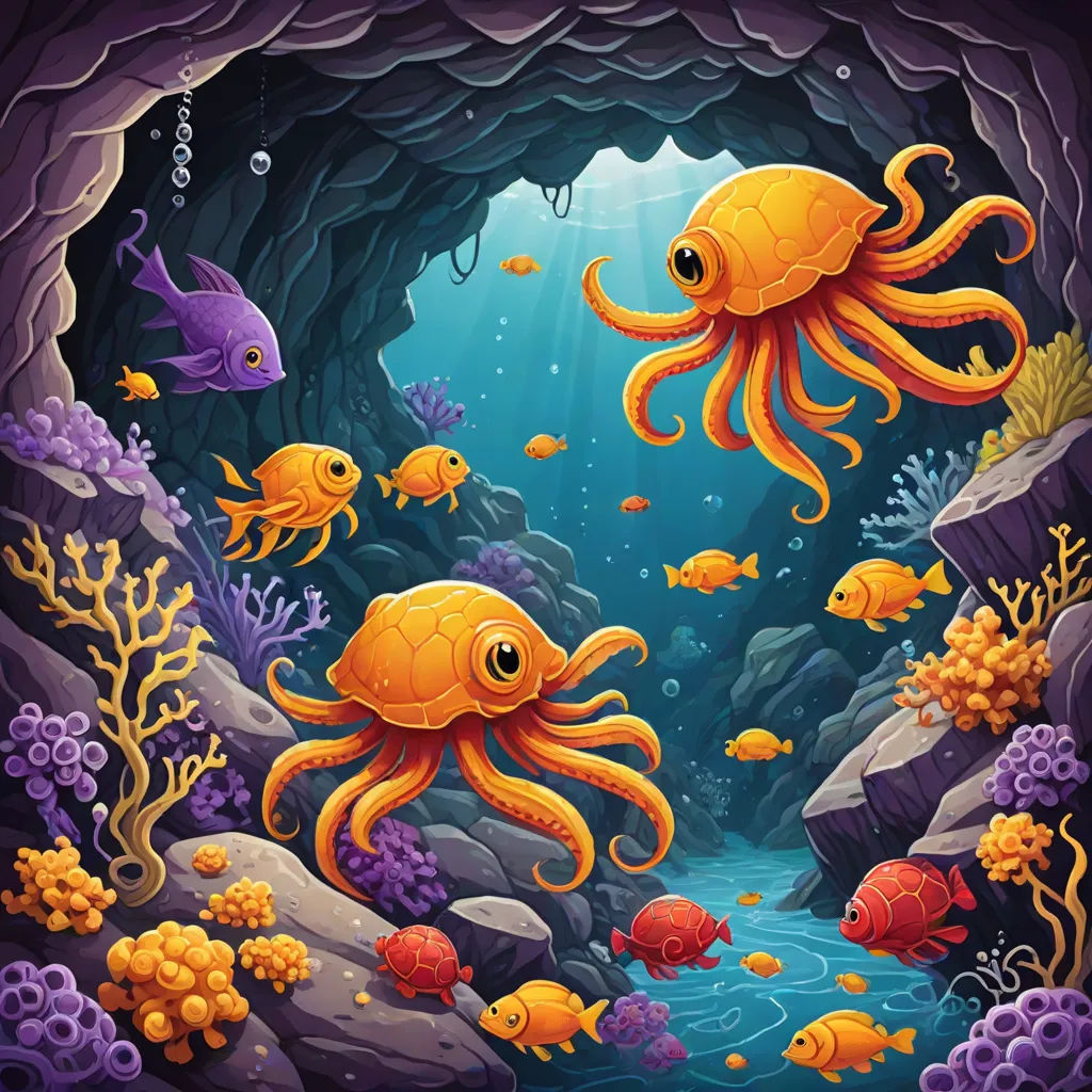 an underwater scene with an octopus and other animals in the cave illustration by alex krautman for the children's book, the little mermaid, psychedelic art, a storybook illustration, Dan Mumford, league of legends splash art