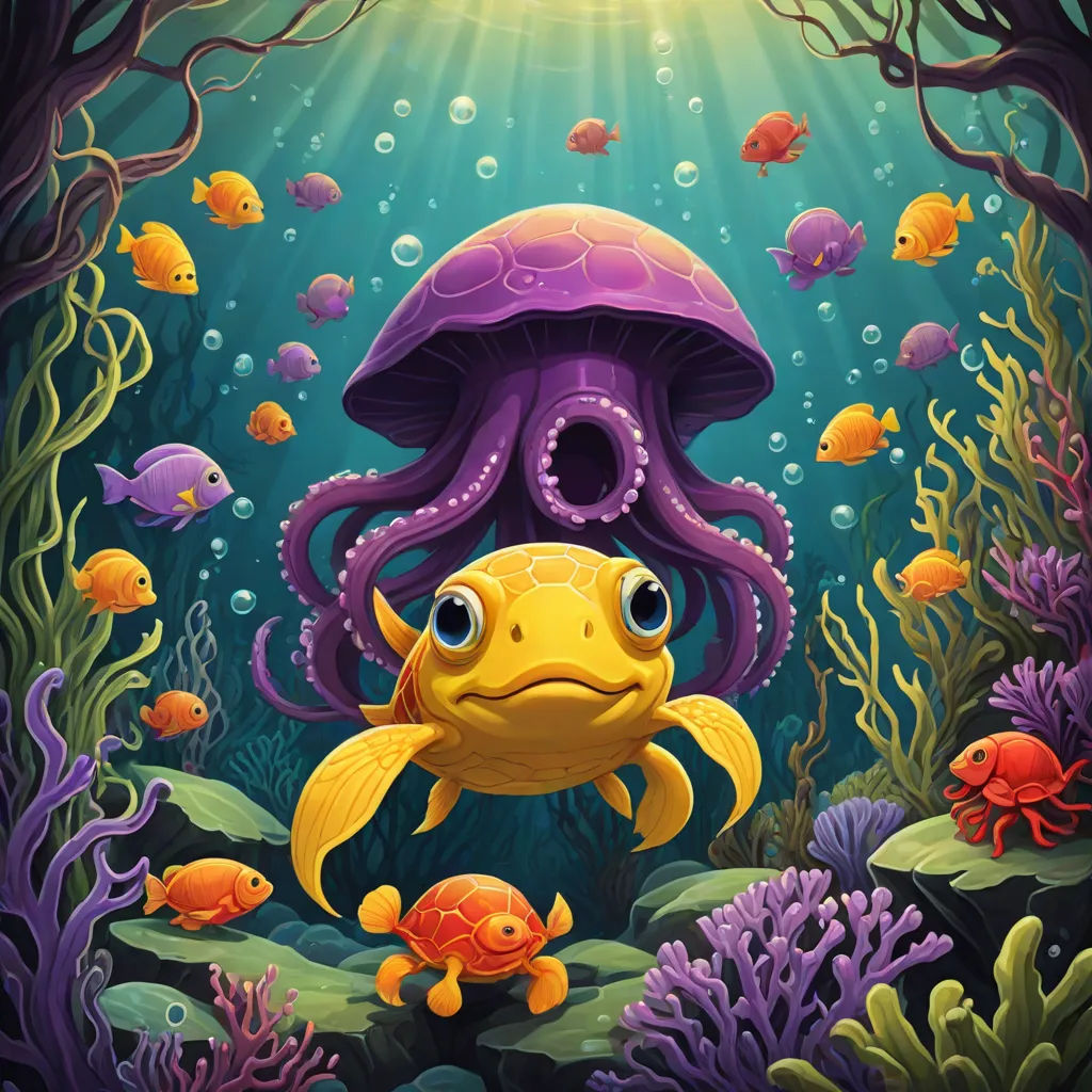 a painting of a yellow fish and a purple octopus under a purple jellyfish in a sea of blue water, pop surrealism, a storybook illustration, Chris LaBrooy, highly detailed digital painting