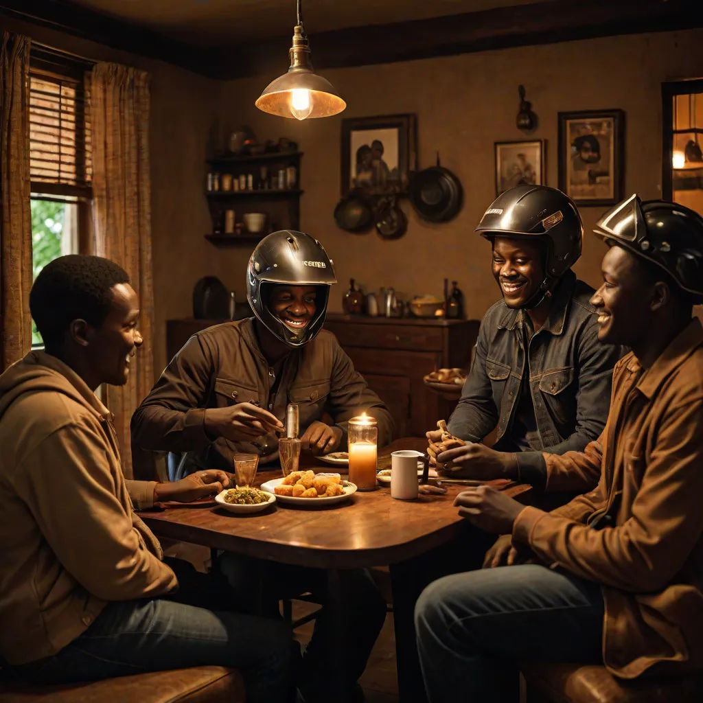 a group of men sitting around a table eating food and drinking beer together, with one man wearing a helmet, afrofuturism, a colorized photo, Bruce Onobrakpeya, promotional image