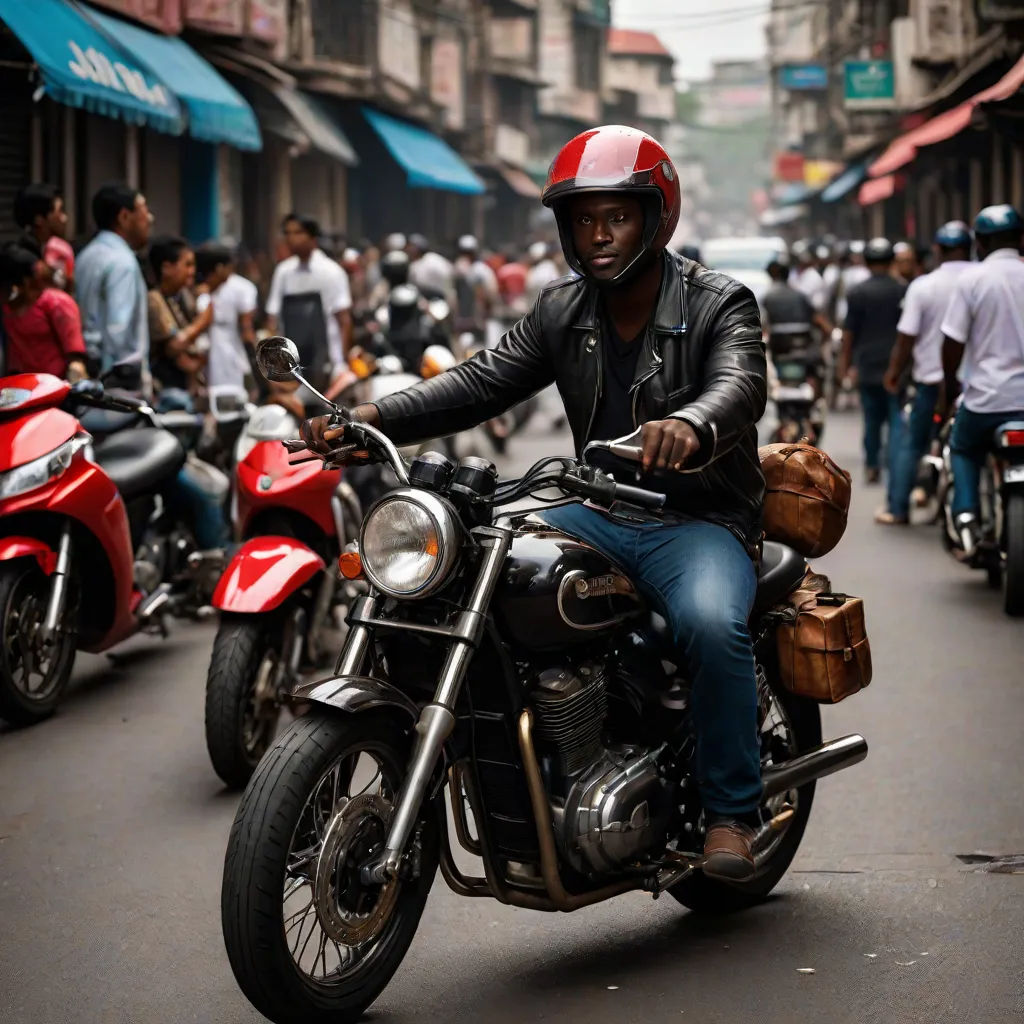 a man riding a motorcycle down a street filled with people and motorcycles on both sides of the street,, sumatraism, a character portrait, Bruce Onobrakpeya, promotional image
