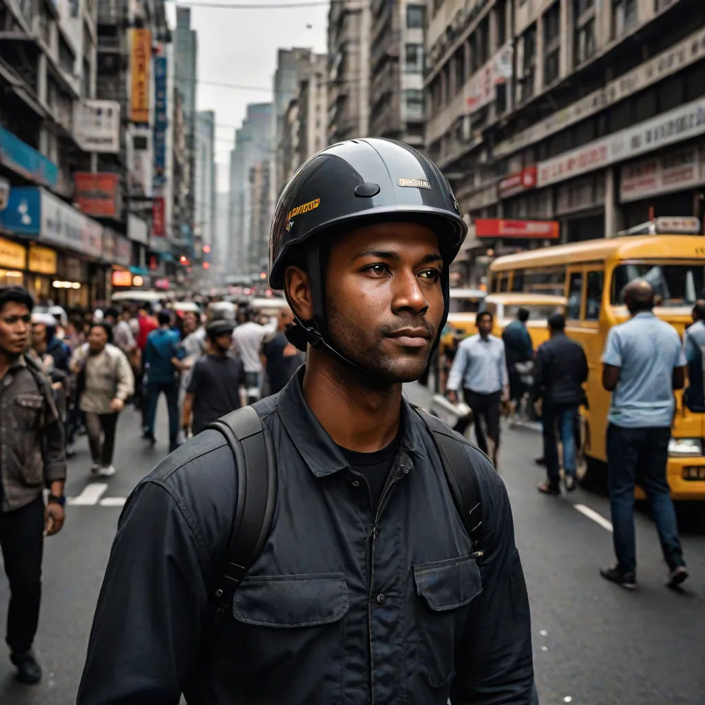 a man wearing a helmet standing in the middle of a busy street in a city with pedestrians and buses, afrofuturism, a character portrait, Drew Tucker, tech wear