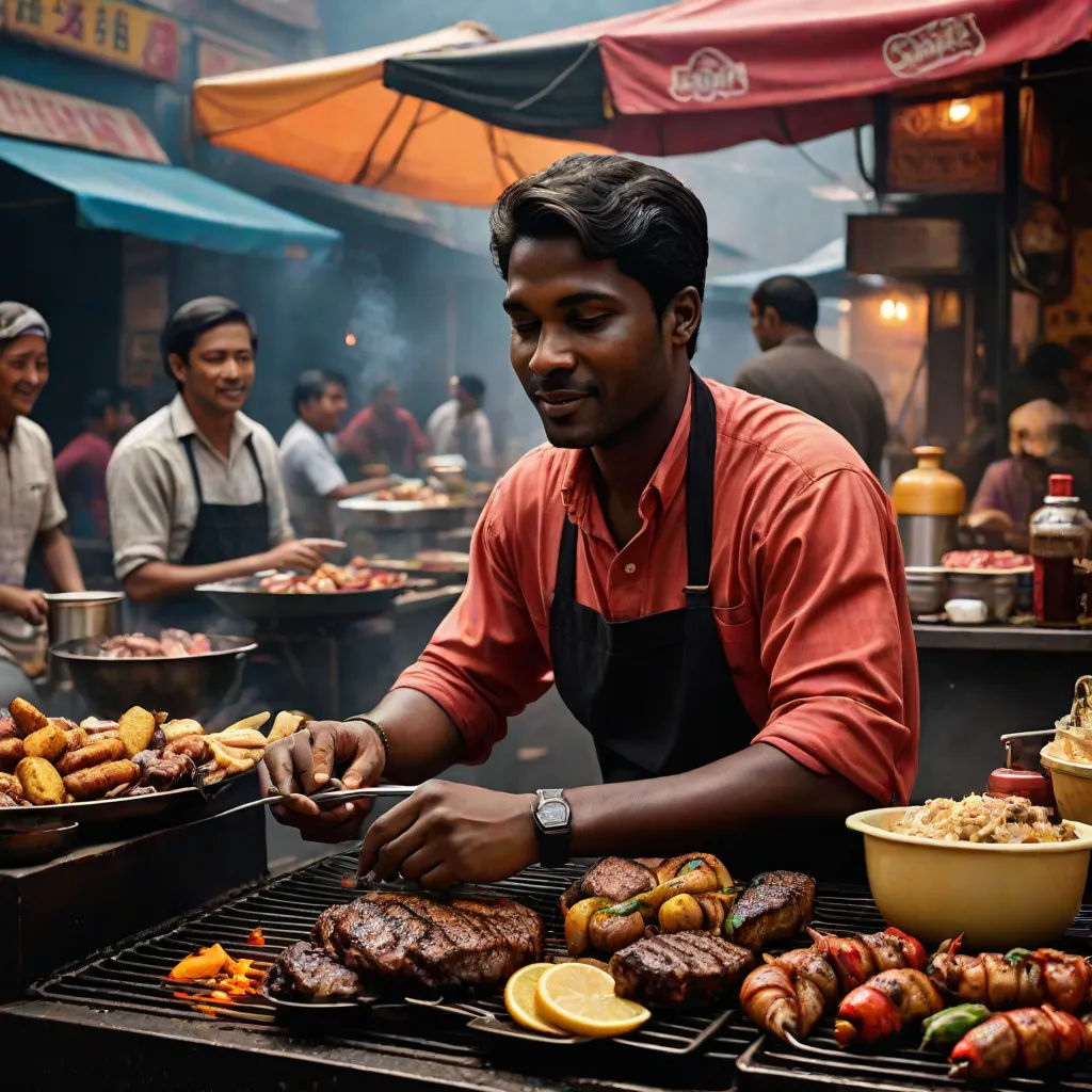 a man cooking food on a grill in a busy street market area with people standing around and looking on, samikshavad, a stock photo, Bikash Bhattacharjee, cinematic photography