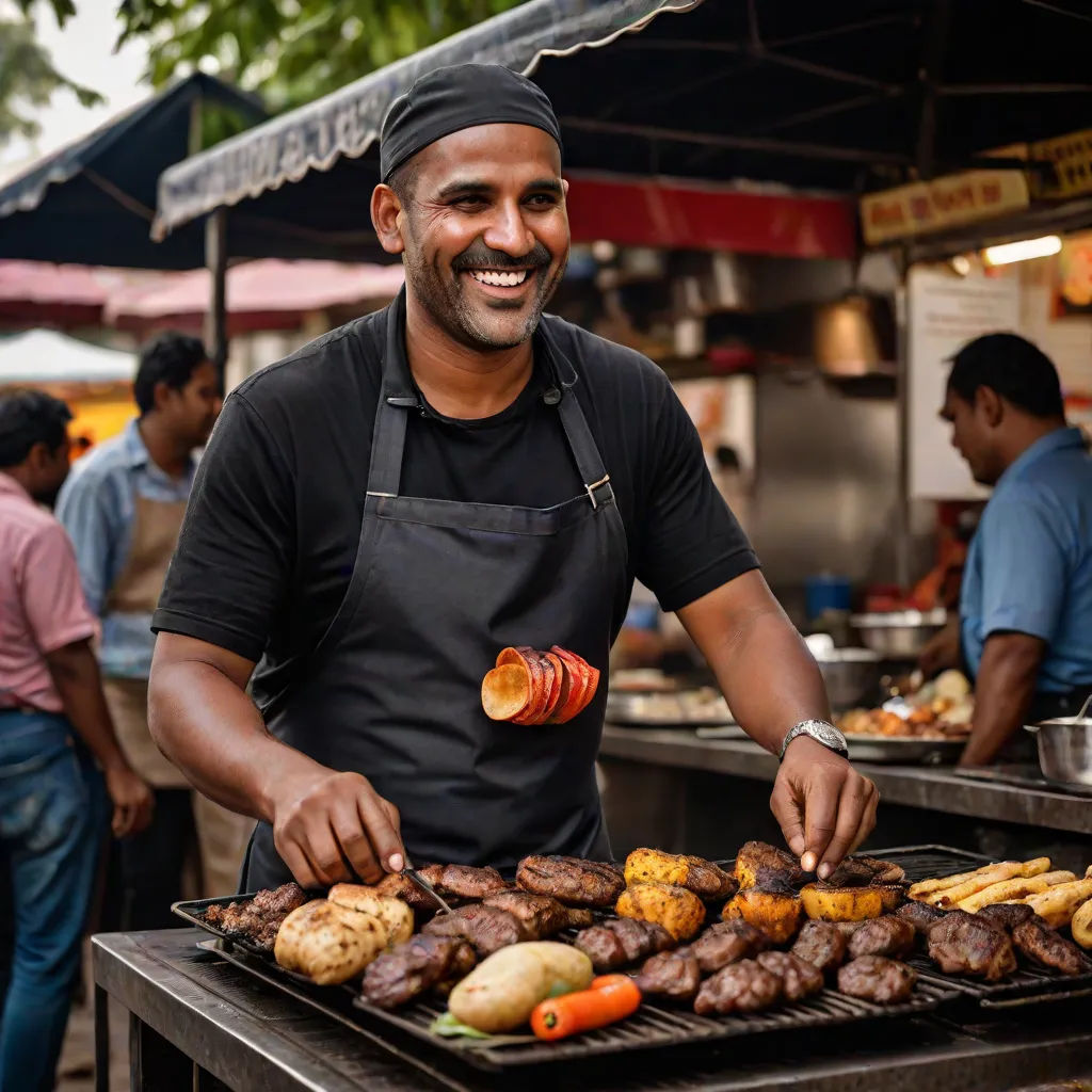a man cooking food on a grill in a market place with people in the background smiling and looking at the camera, hurufiyya, a stock photo, Bikash Bhattacharjee, professional food photography