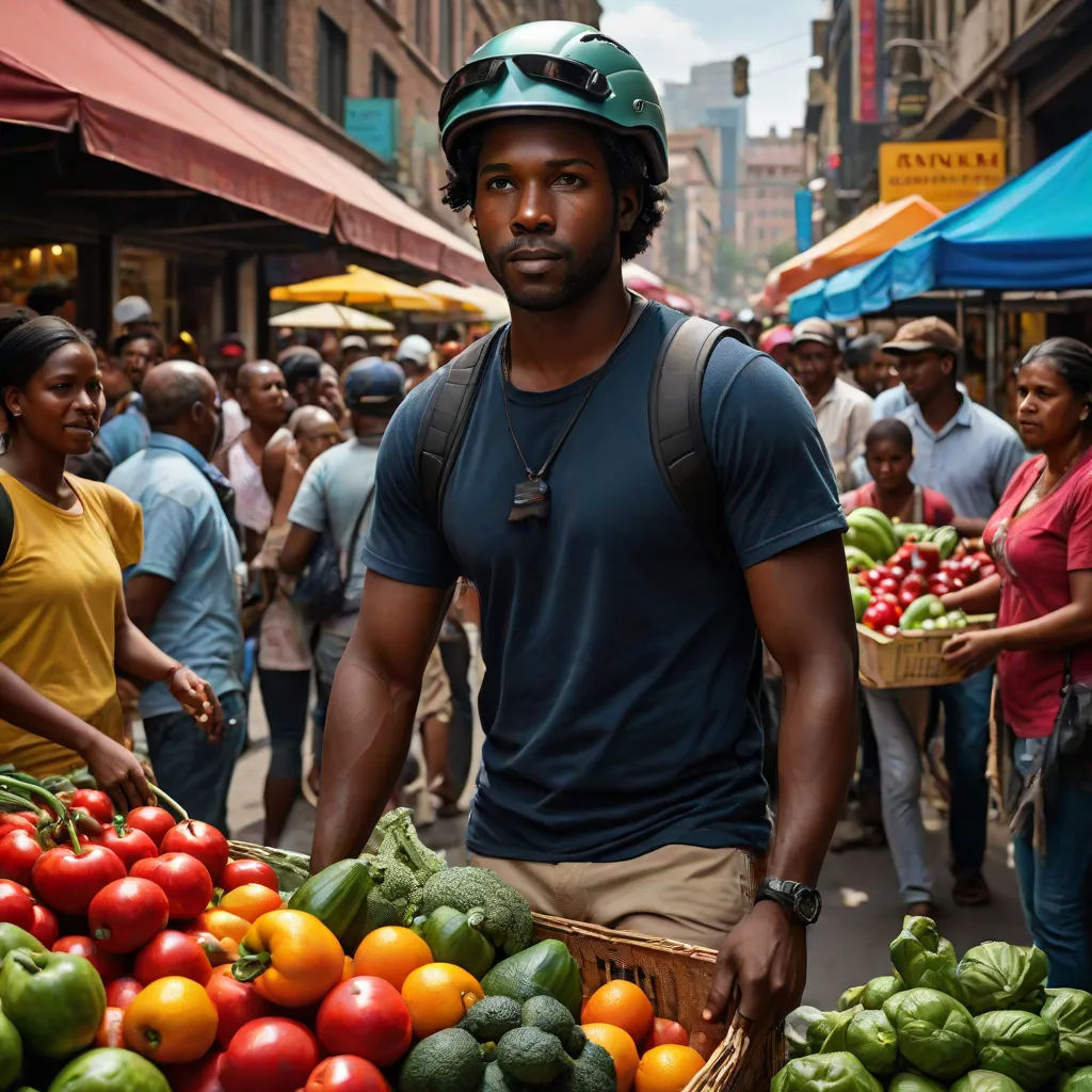 a man standing in front of a pile of fruit and vegetables in a market place with people walking around, afrofuturism, a character portrait, Bruce Onobrakpeya, promotional image