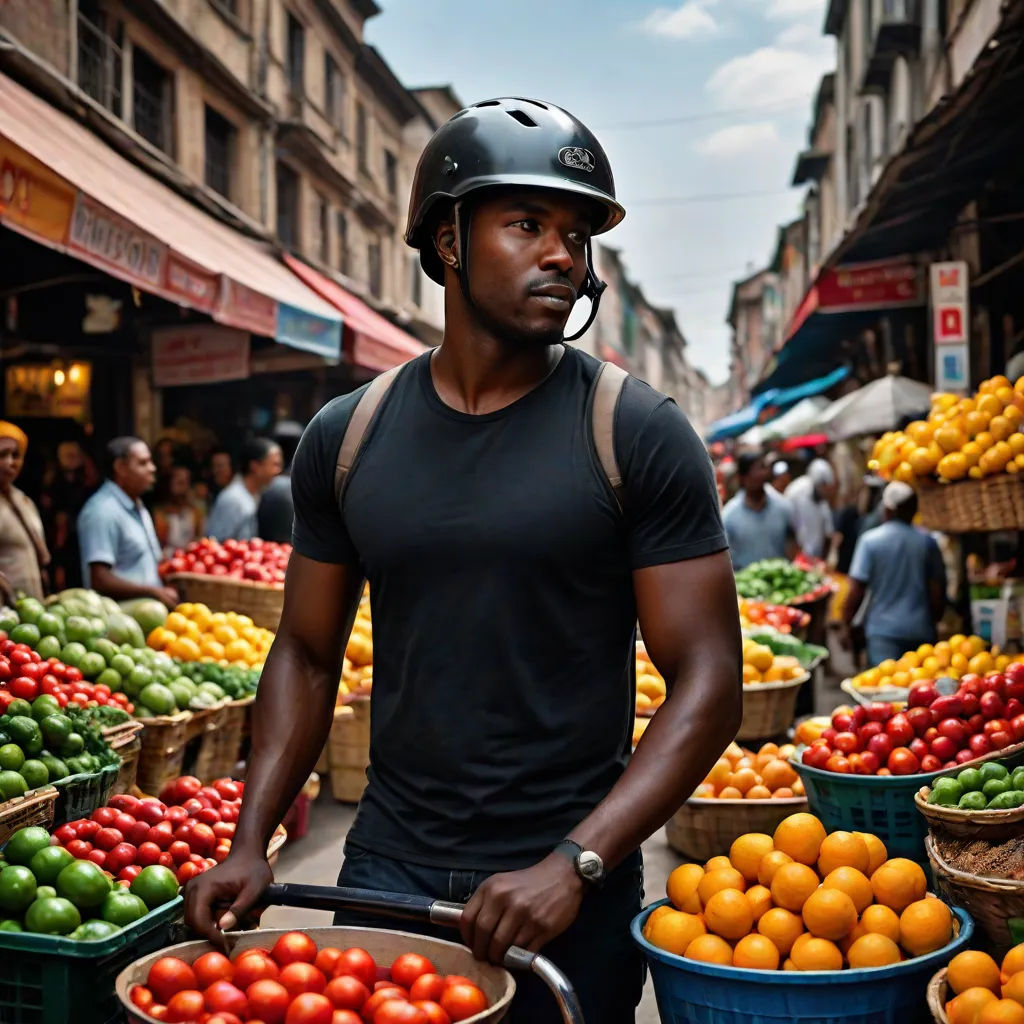 a man in a helmet is holding a basket of fruit in a market area with other fruit in baskets, afrofuturism, a character portrait, Bruce Onobrakpeya, promotional image