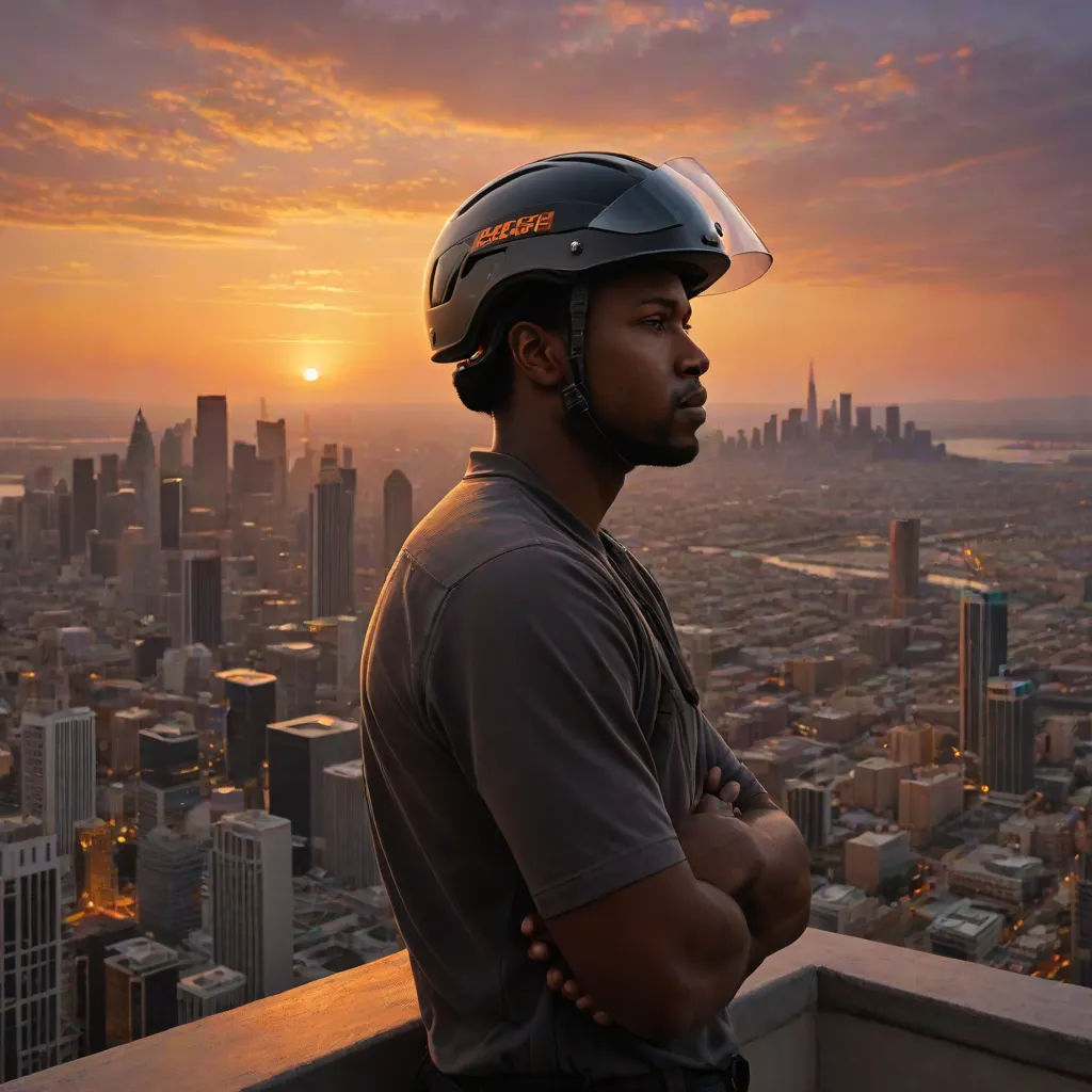 a man wearing a helmet standing on top of a building with a city in the background at sunset or dawn, panfuturism, a hyperrealistic painting, Chris LaBrooy, promotional image