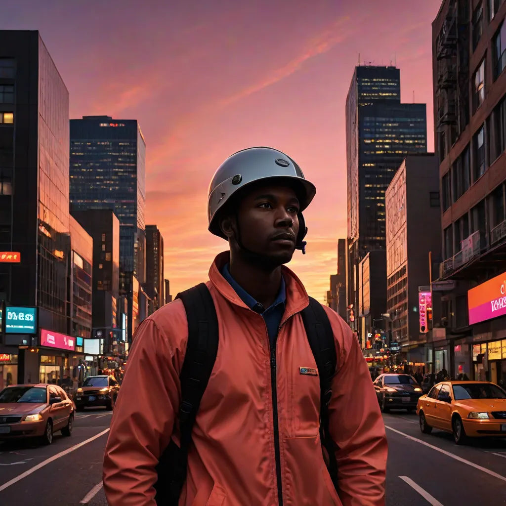 a man wearing a helmet standing in the middle of a street at sunset with a city skyline in the background, cubo-futurism, an album cover, Chris LaBrooy, tech wear