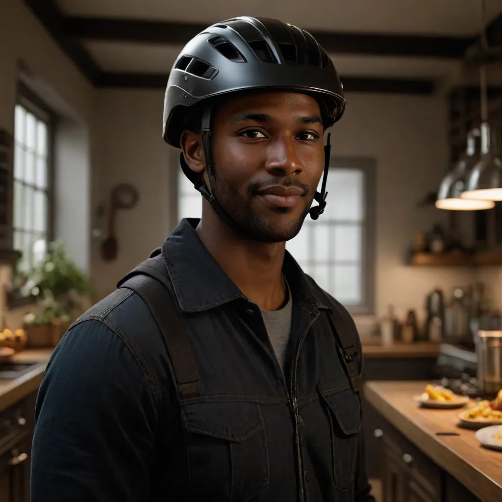 a man wearing a helmet in a kitchen with a counter top and a sink in the background with a light on, panfuturism, a stock photo, Chris LaBrooy, promotional image