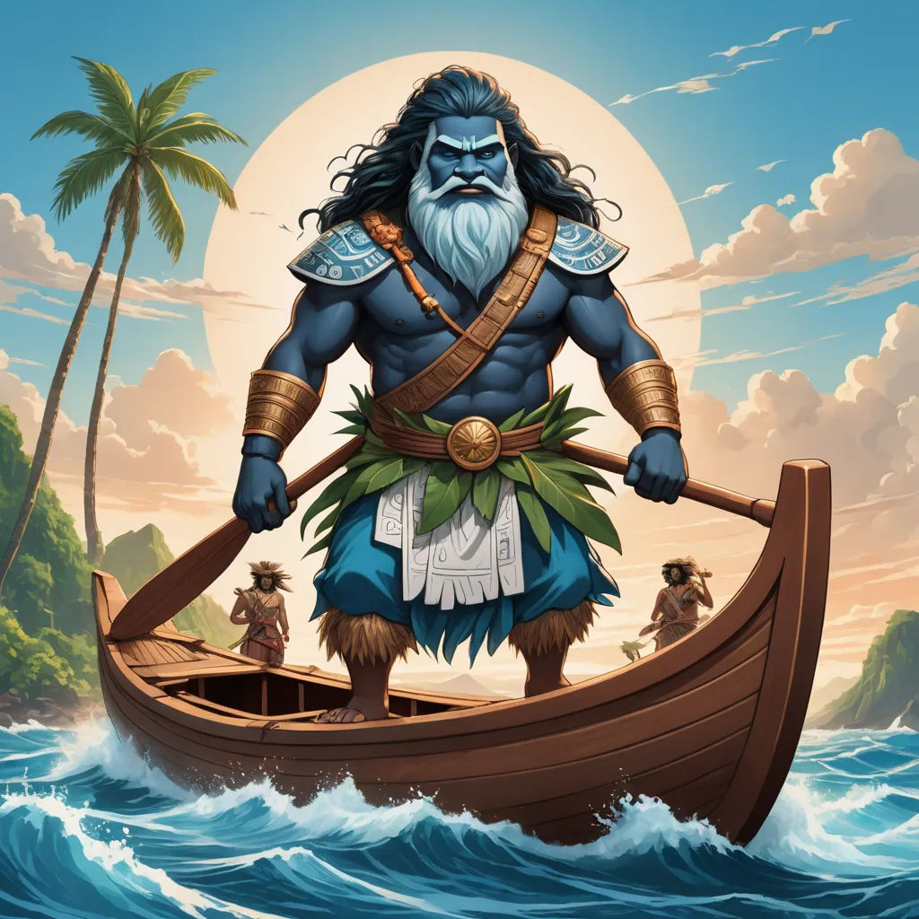 a cartoon of a man in a boat with a beard and beard on the water with palm trees in the background, fantasy art, concept art, Art of Brom, magic the gathering artwork