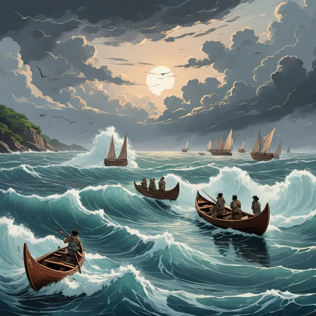 a painting of a group of people in a boat in the ocean with a full moon in the sky, fantasy art, a detailed matte painting, Dan Mumford, highly detailed digital painting