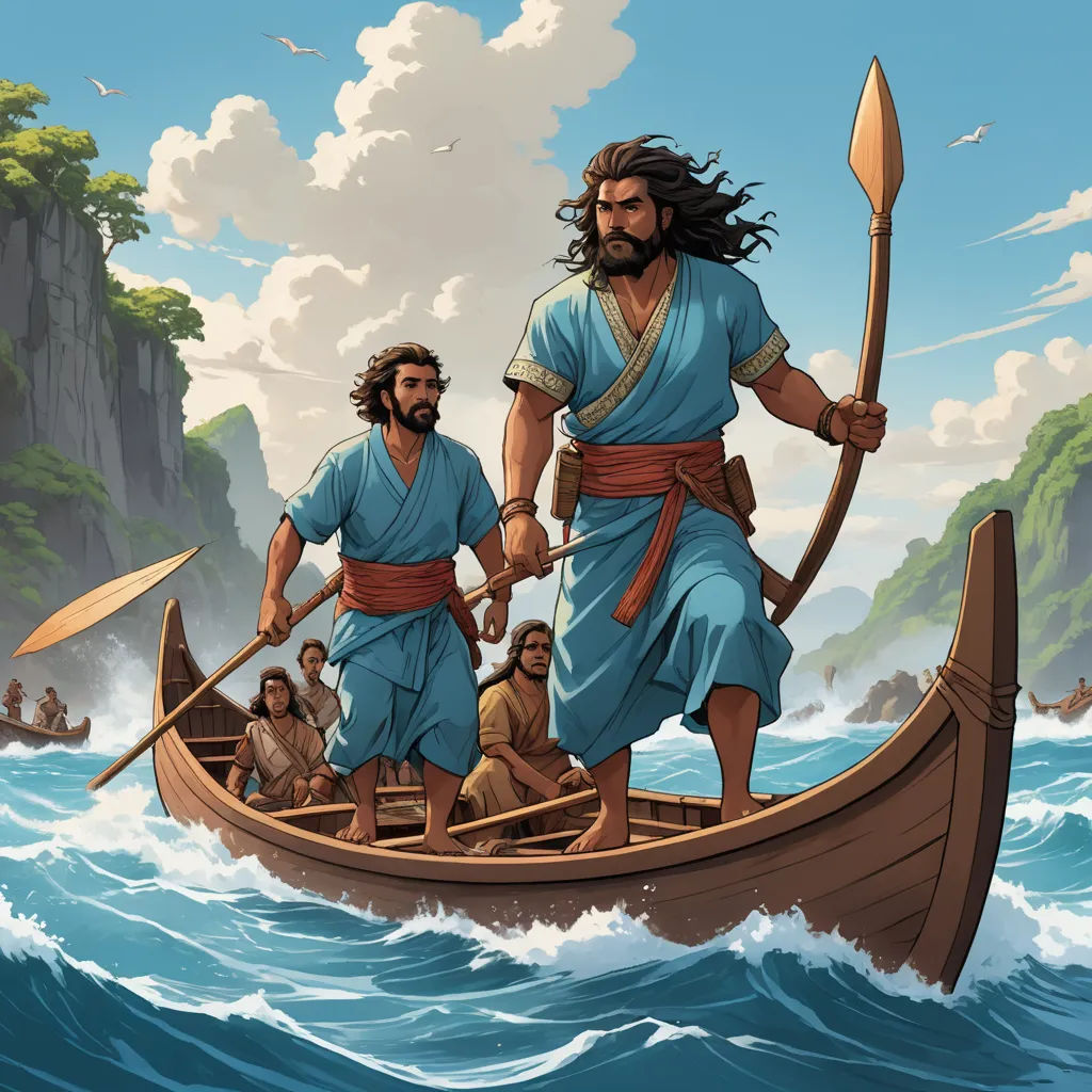 a man in a boat with two other men in the water and a man with a spear in his hand, fantasy art, a storybook illustration, Brothers Hildebrandt, josan gonzales and dan mumford