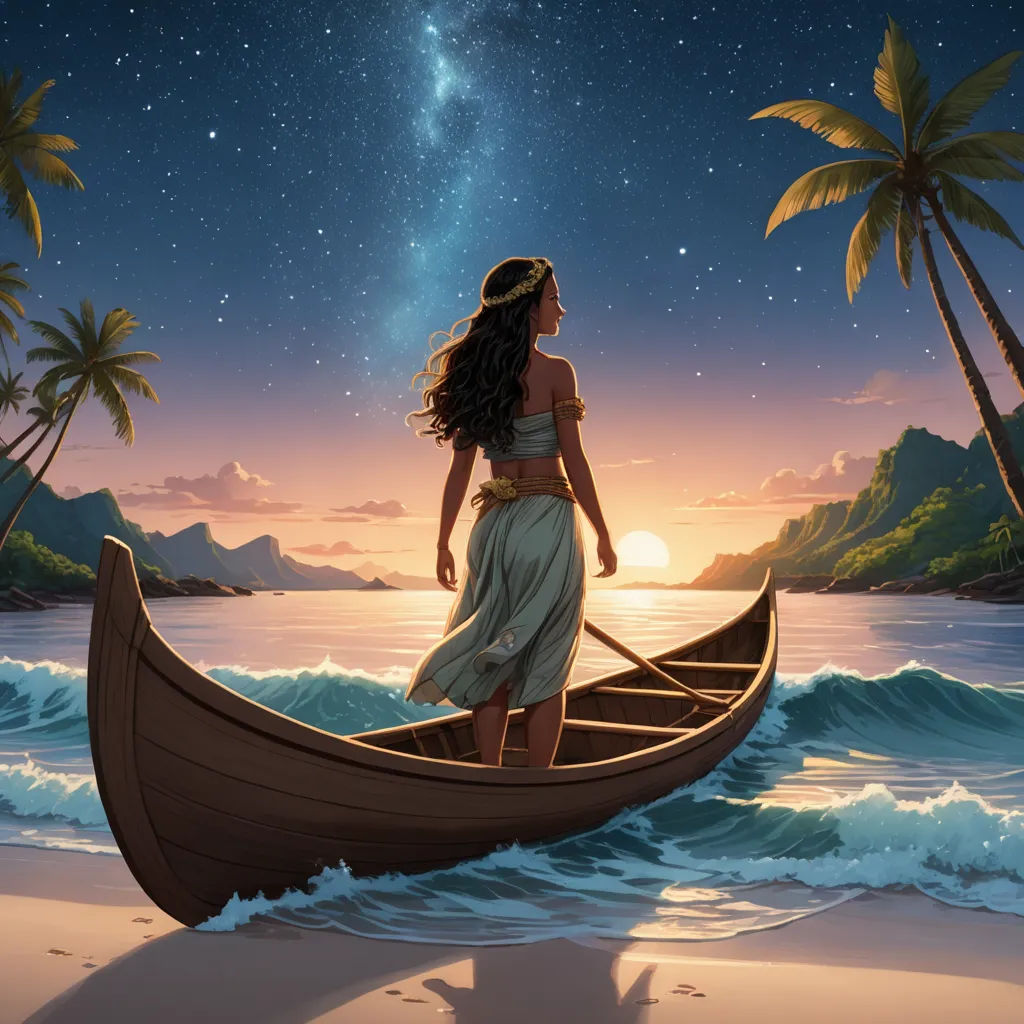 a woman standing on a boat in the ocean at night with a star filled sky above her and palm trees, fantasy art, a detailed matte painting, Cyril Rolando, fantasy artwork