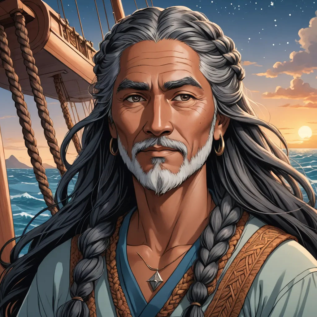 a man with long hair and a beard standing in front of a ship at sea with a sunset in the background, fantasy art, a character portrait, Andrei Ryabushkin, character portrait