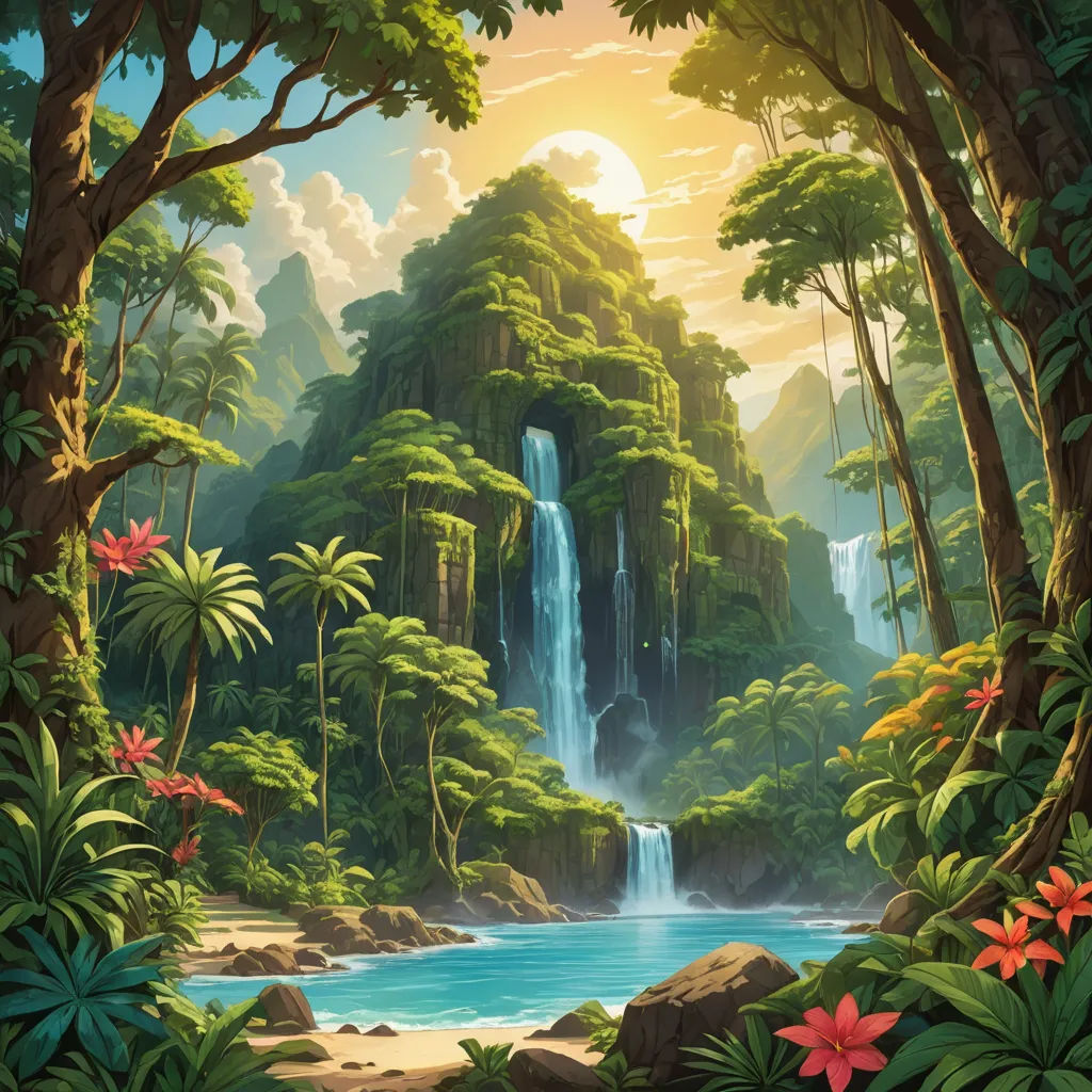 a painting of a waterfall in a tropical forest with flowers and trees around it, with a blue pool of water, fantasy art, a detailed matte painting, Chris LaBrooy, jungle