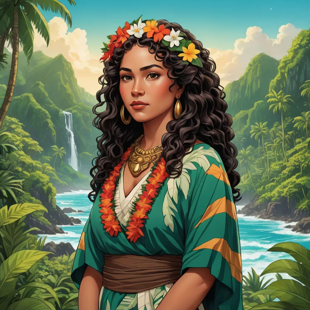 a painting of a woman in a tropical dress with a waterfall in the background and a waterfall in the background, sots art, a character portrait, Edwin Georgi, kinkade