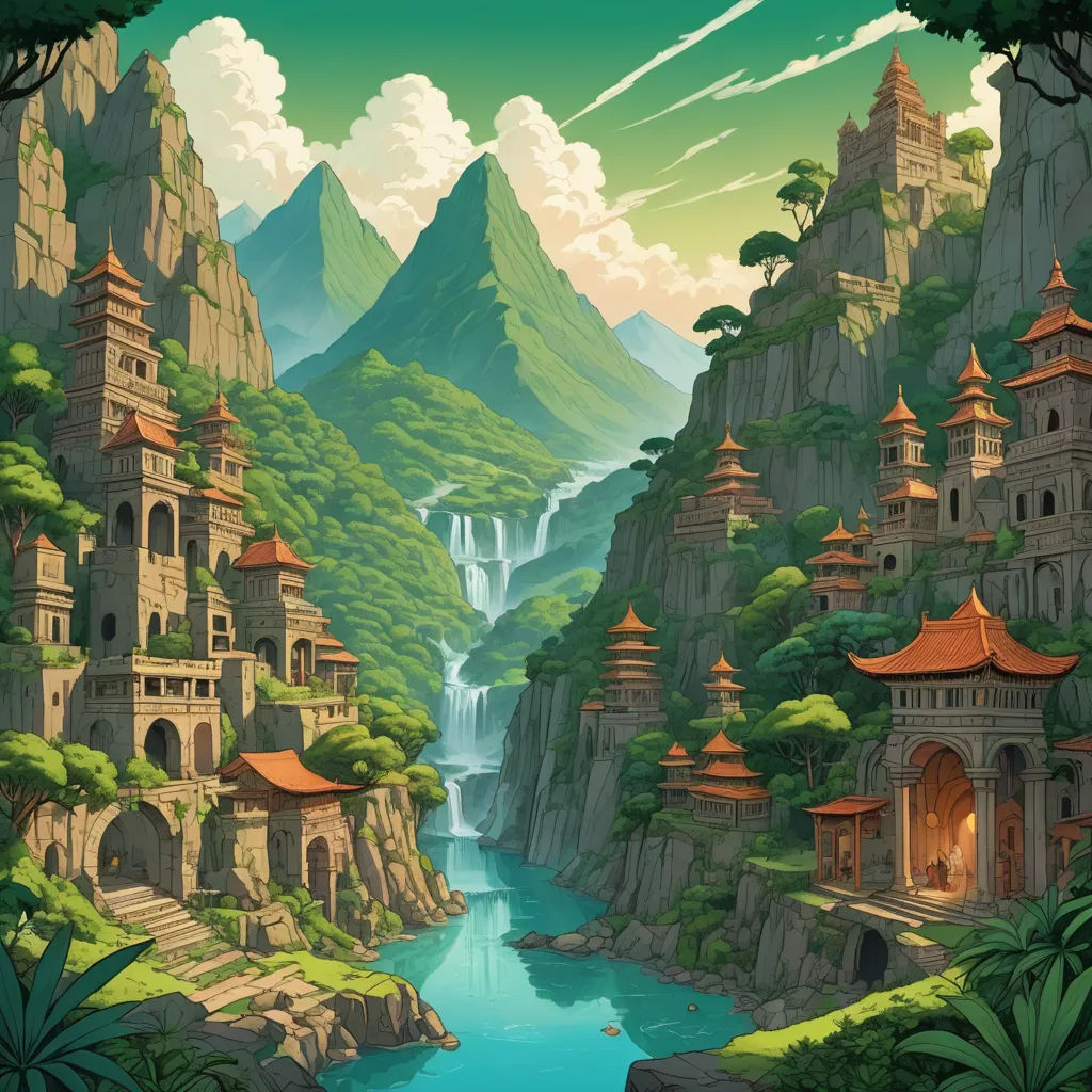 a painting of a mountain landscape with a river and a waterfall in the middle of it and a waterfall in the middle of the picture, fantasy art, a detailed matte painting, Dan Mumford, rossdraws global illumination