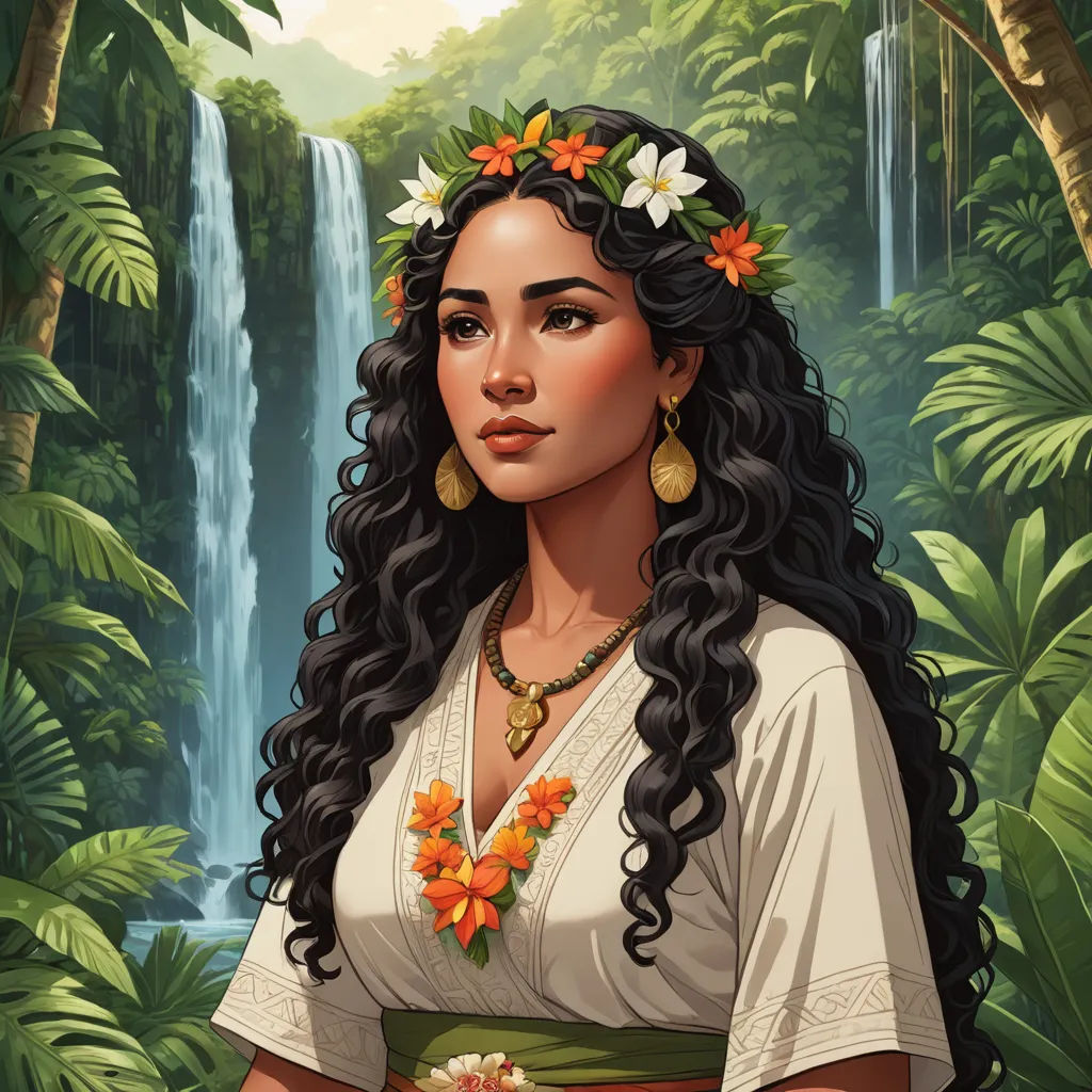 a woman with long hair and a flower in her hair standing in front of a waterfall with a waterfall in the background, fantasy art, a character portrait, Araceli Gilbert, character portrait