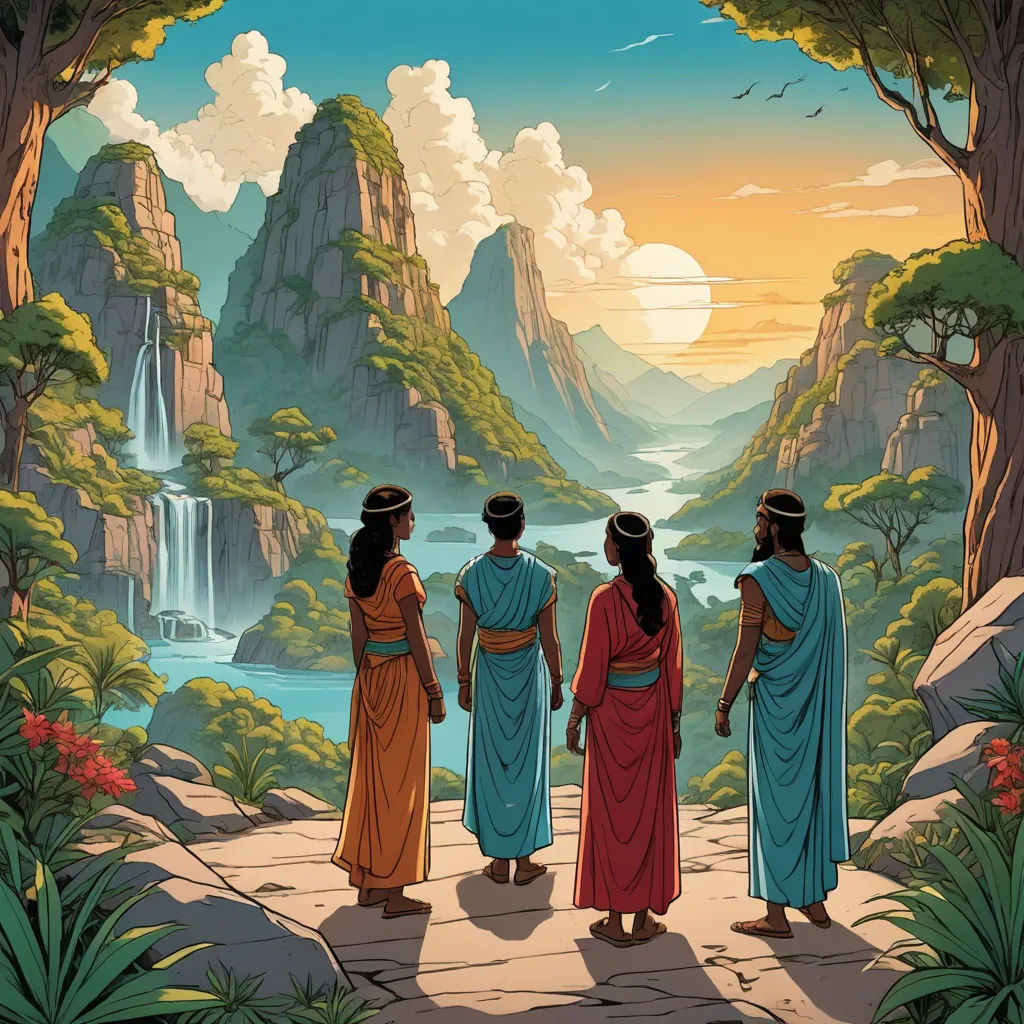 three people standing in front of a waterfall with a waterfall in the background and a mountain range in the background, fantasy art, a comic book panel, Brothers Hildebrandt, comic cover art
