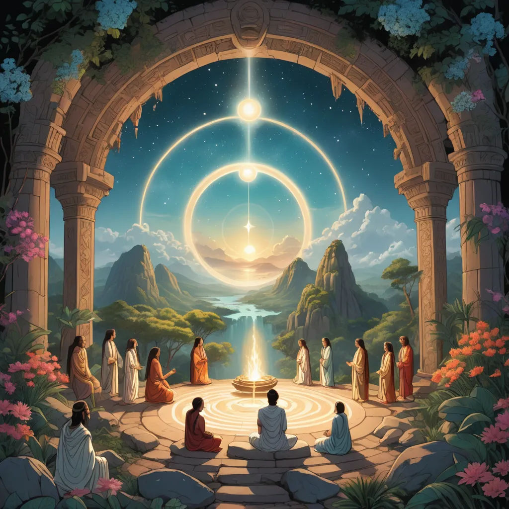 a painting of a group of people sitting in a circle with a star above them and a lake in the middle, rayonism, a painting, Christophe Vacher, sacred geometry