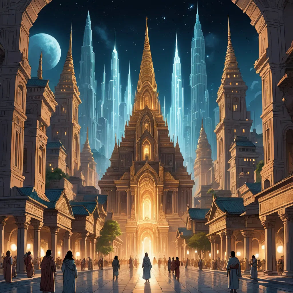 a painting of a city with a lot of tall buildings and people walking around it at night time with a full moon in the sky, fantasy art, a detailed matte painting, Christophe Vacher, rossdraws global illumination