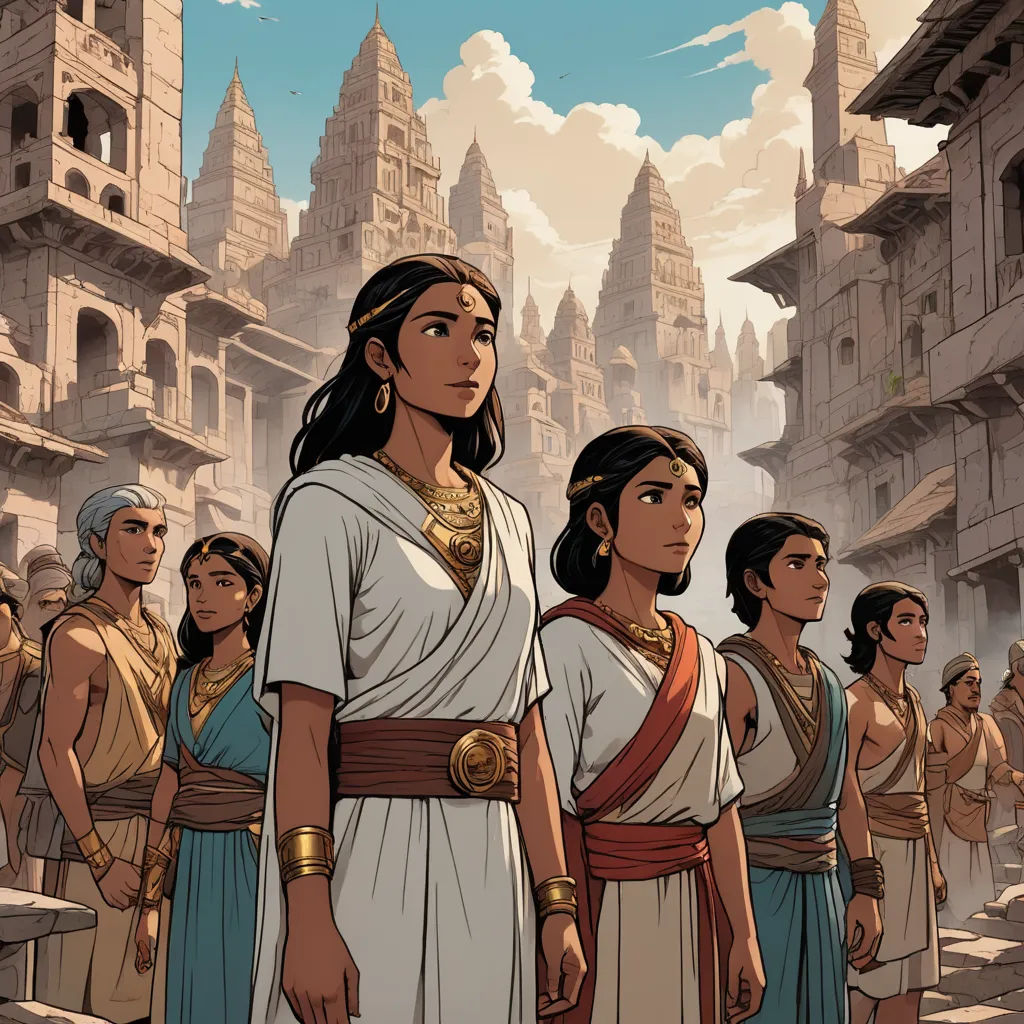 a group of people standing in front of a city with buildings and a sky background with clouds in the sky, samikshavad, a comic book panel, Asaf Hanuka, graphic novel