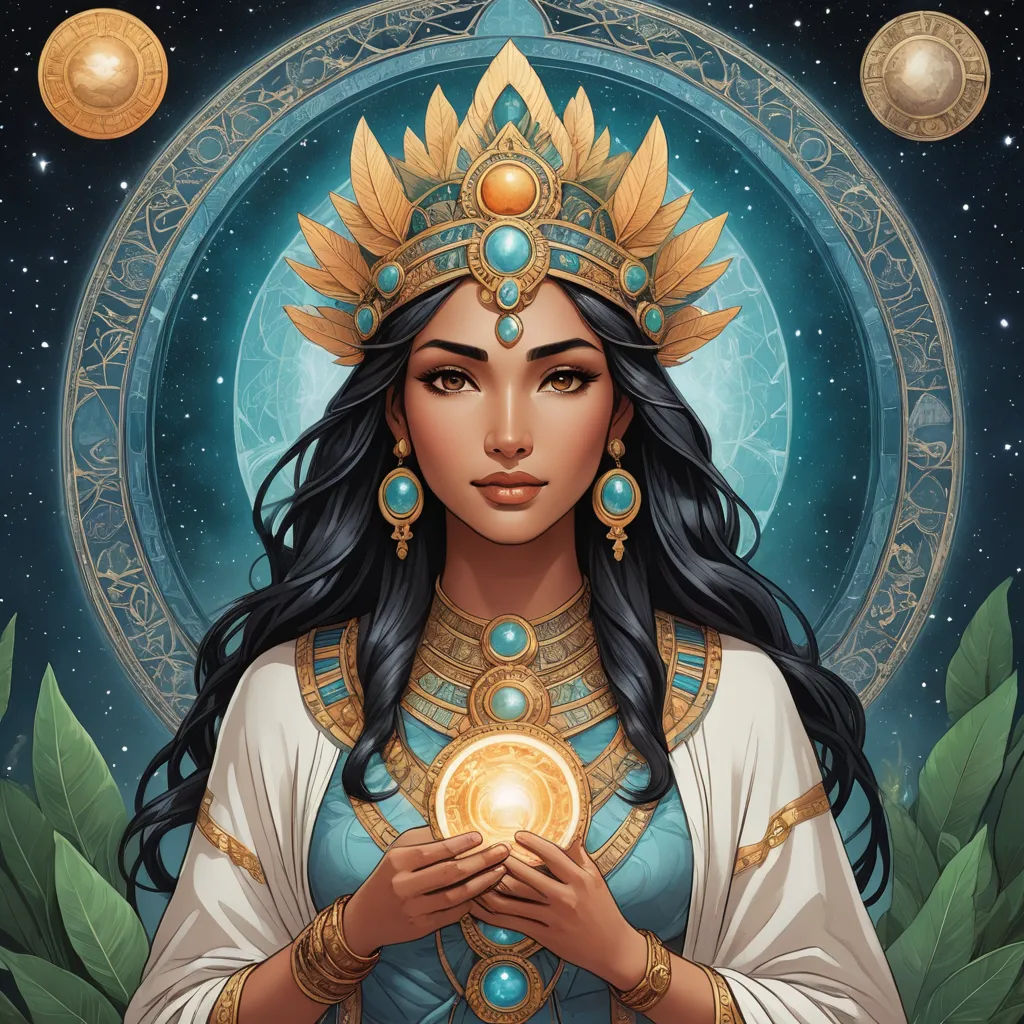 a woman holding a crystal ball in her hands with a star above her head and a circle around her, fantasy art, egyptian art, Amanda Sage, trending on art station